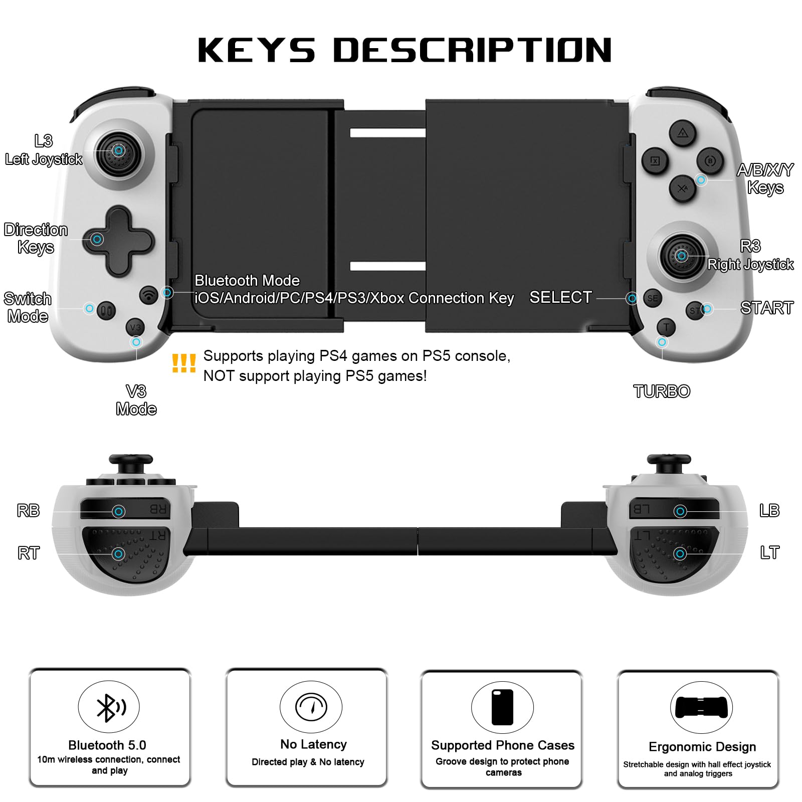 **KEYS DESCRIPTION**

- **L3** Left Joystick
- **Direction Keys**
- **A/B/X/Y Keys**
- **R3** Right Joystick
- **RB** RT
- **LB** LT
- **Switch Mode**
- **Connection Key**
- **SELECT**
- **START**
- **V3 Mode**
- **TURBO**

**Bluetooth Mode**  
iOS/Android/PC/PS4/PS3/Xbox

**Supports playing PS4 games on PS5 console, NOT support playing PS5 games!**

**Bluetooth 5.0**  
10m wireless connection, connect and play

**No Latency**  
Directed play & No latency

**Supported Phone Cases**  
Groove design to protect phone cameras

**Ergonomic Design**  
Stretchable design with hall effect joystick and analog triggers