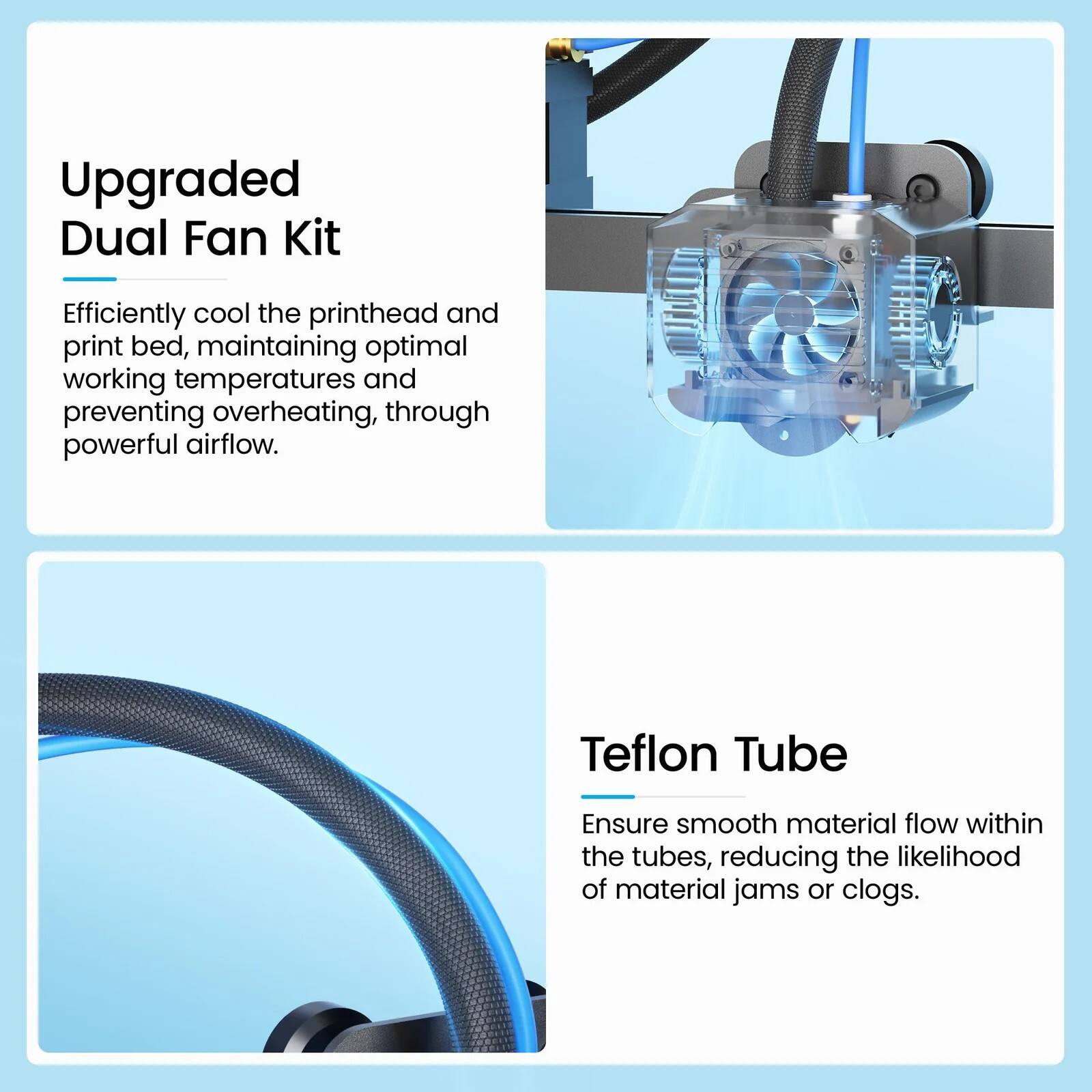 **Upgraded Dual Fan Kit**

Efficiently cool the printhead and print bed, maintaining optimal working temperatures and preventing overheating, through powerful airflow.

**Teflon Tube**

Ensure smooth material flow within the tubes, reducing the likelihood of material jams or clogs.