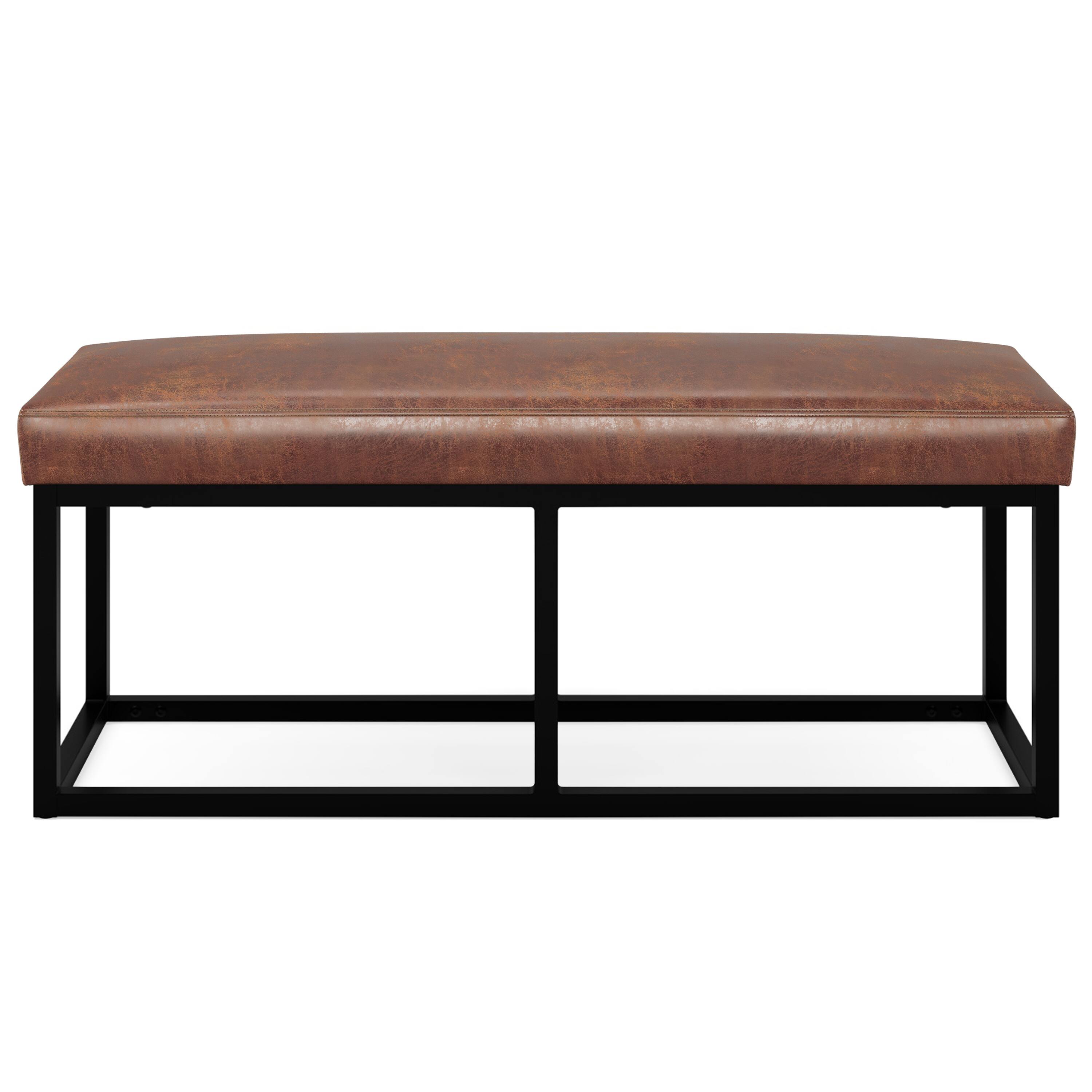 Left. Simpli Home - Reynolds Ottoman Bench in Distressed Saddle Brown Faux Leather - Distressed Saddle Brown.