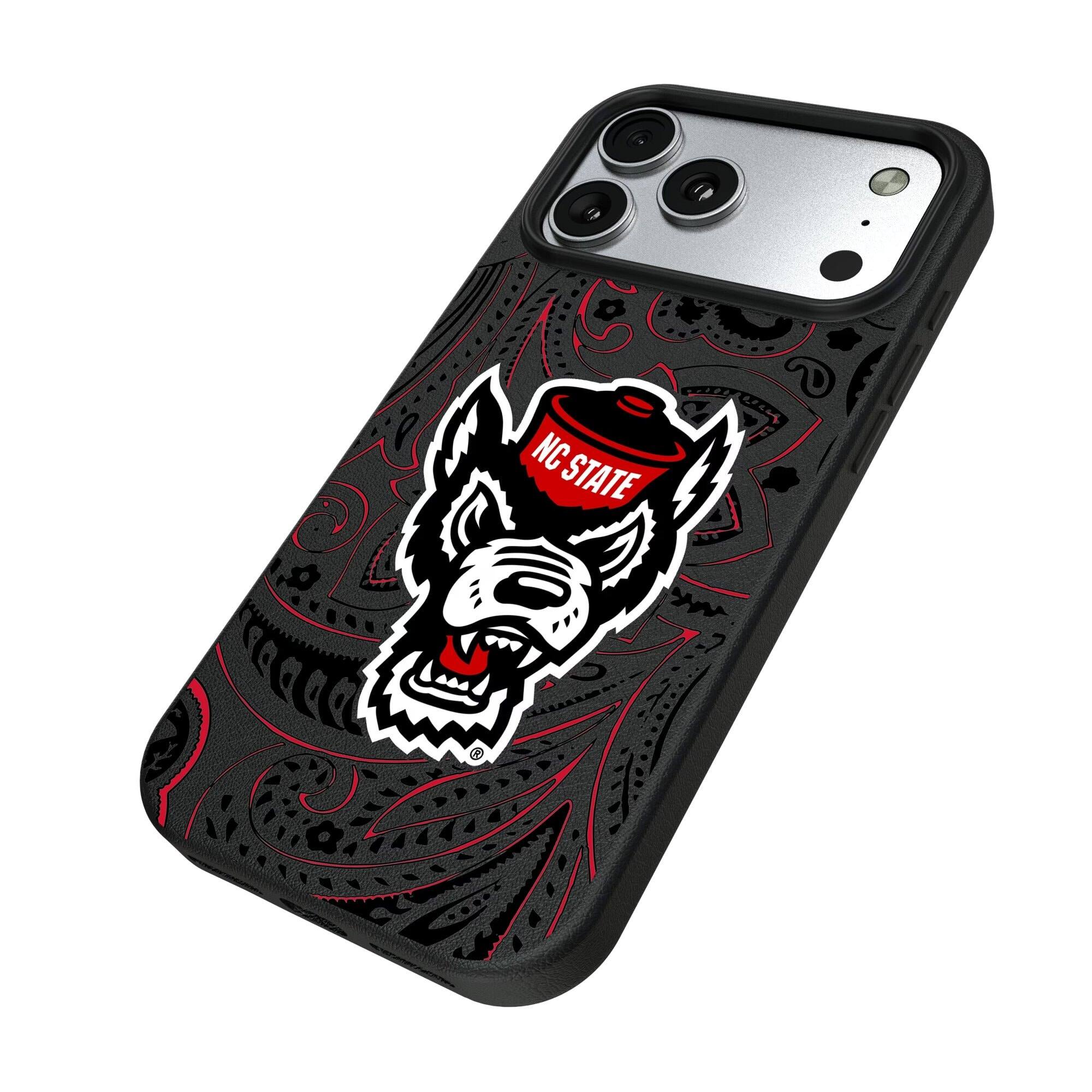 Alt View 1. Keyscaper - NC State Wolfpack Paisley iPhone Magnetic Bump Case - 15 Pro - Black.