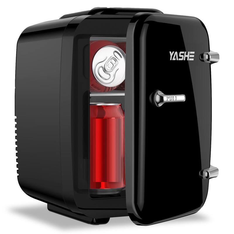 YASHE - 4L Mini Fridge, 6 Can Skincare & Drink Cooler/Warmer, 110V/12V, Compact Refrigerator for Home& Car - Black