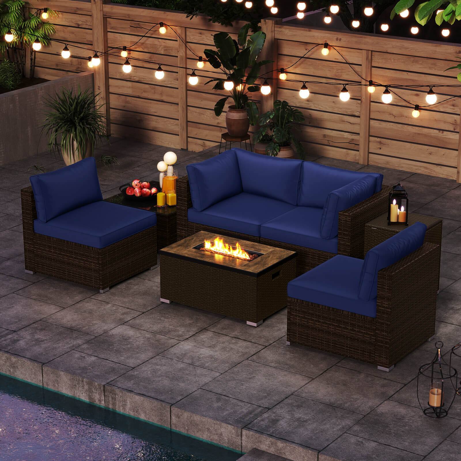 Alt View 4. Costway - Costway 7 Pieces Outdoor Furniture Set with 32" Fire Pit Table and Propane Tank Cover - Navy.