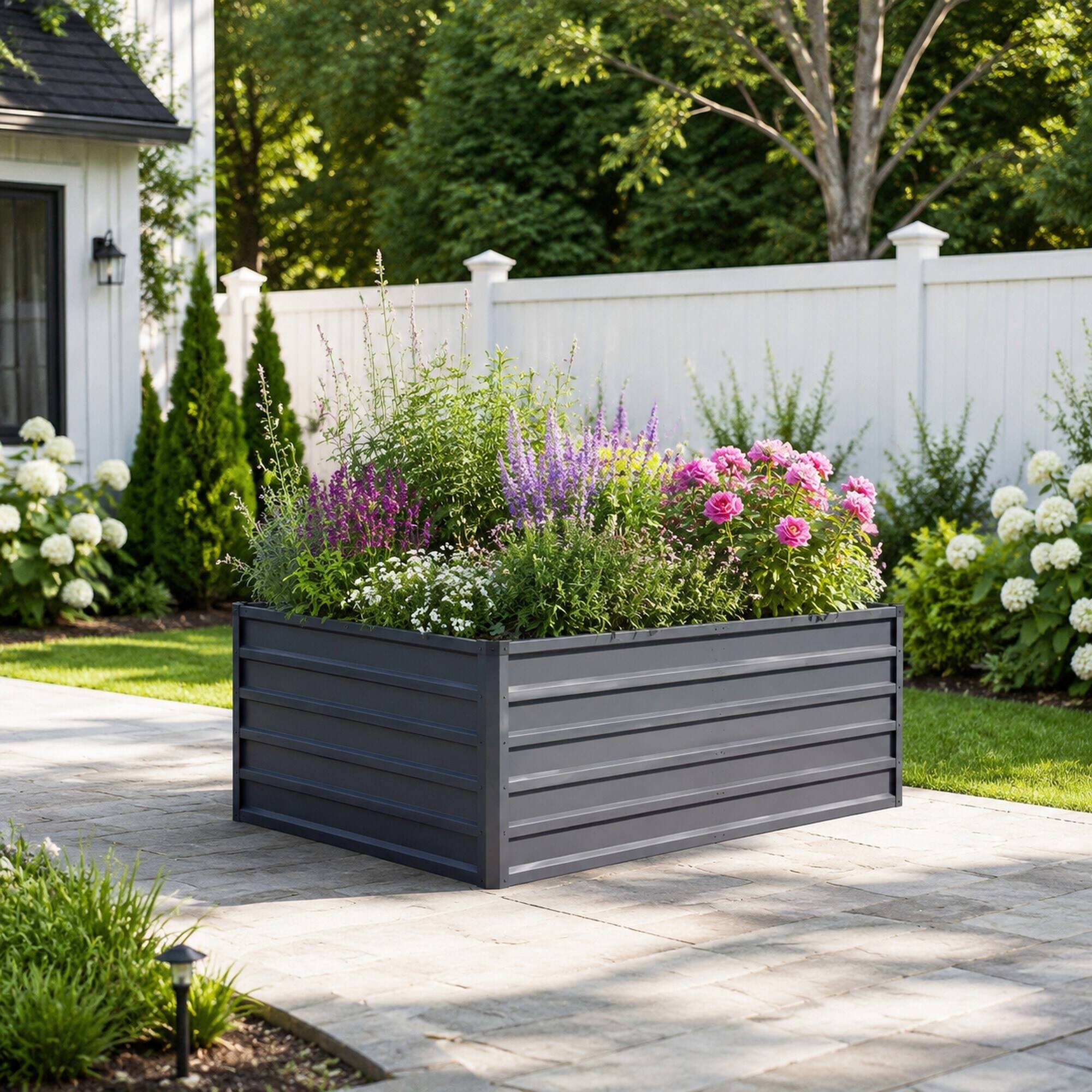 Back. RYHNUYNE - Large 6x3x2ft Raised Garden Bed Kit 2 Pack Grey Galvanized Metal Planter Boxes for Vegetables Flowers Herbs - Grey.