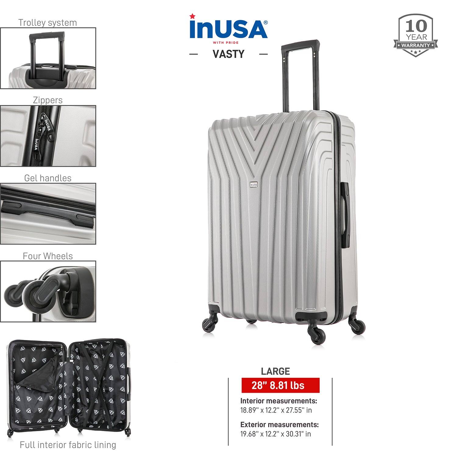 - Trolley system
- Zippers
- Gel handles
- Four Wheels
- Full interior fabric lining

LARGE  
28" 8.81 lbs  
Interior measurements: 18.89" x 12.2" x 27.55" in  
Exterior measurements: 19.68" x 12.2" x 30.31" in

10 YEAR WARRANTY