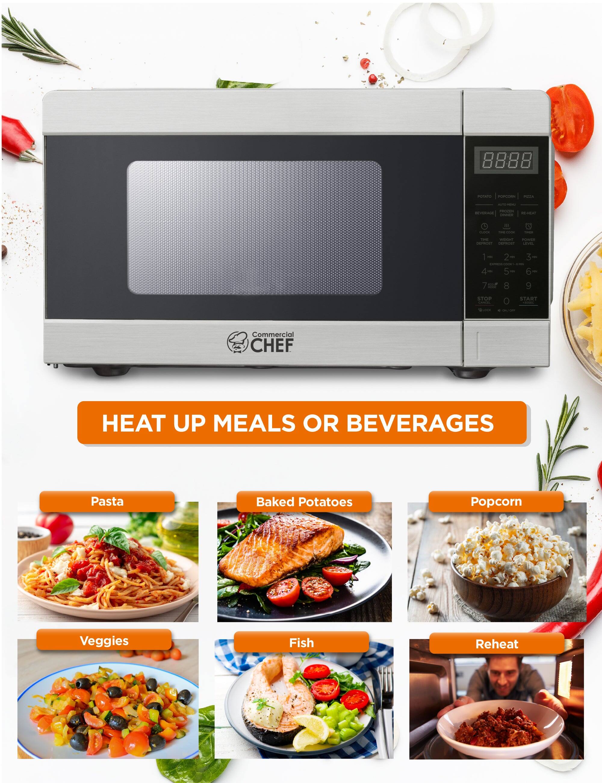 8888 - - -- - - - - - 00 - ! - . I I - POWER - ... I - 2 - 3 - - | ee 4 - - - 7 I 8 9 STOP START Commercial CHEF HEAT UP MEALS OR BEVERAGES Pasta Baked Potatoes Popcorn Veggies Fish Reheat