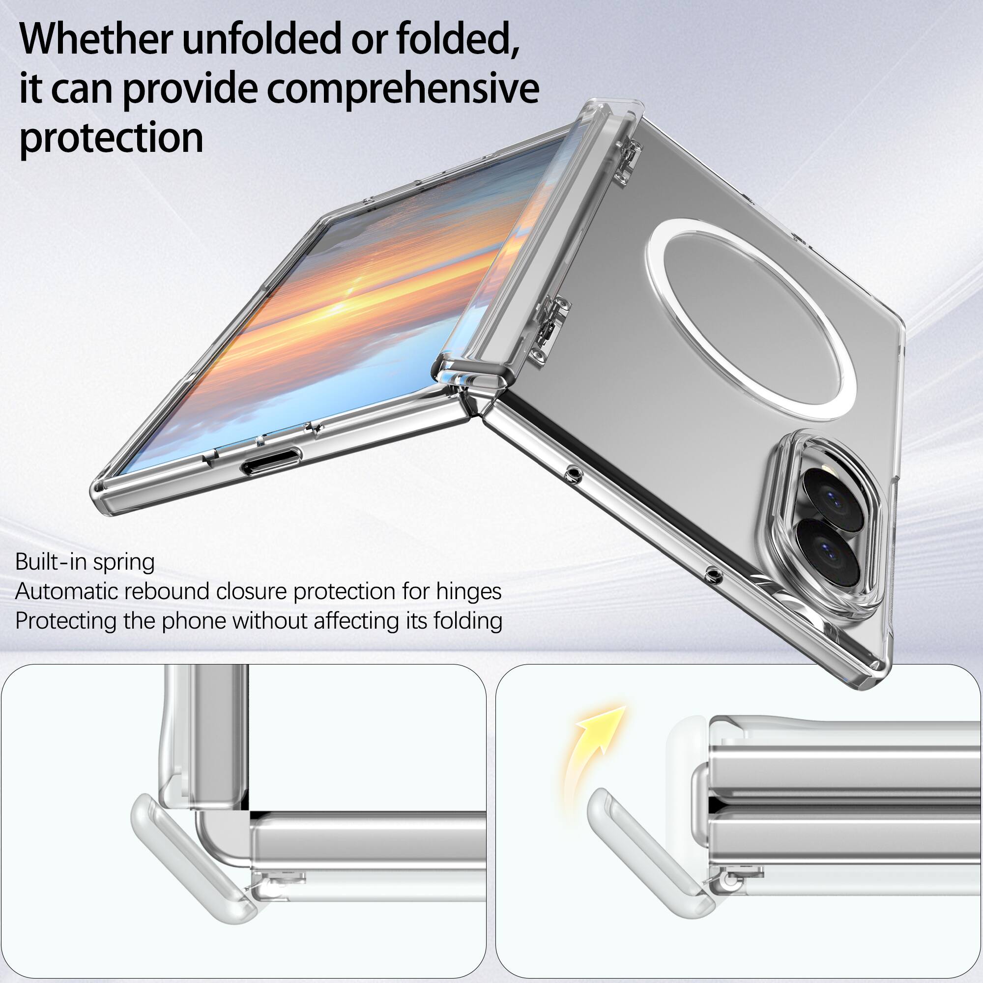 Whether unfolded or folded, it can provide comprehensive protection

Built-in spring
Automatic rebound closure protection for hinges
Protecting the phone without affecting its folding