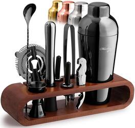 Zulay Kitchen - 10-Piece Bar Tool Set with Mahogany Stand - Perfect Home Bartending Kit and Martini Cocktail Shaker Set - Gun Metal