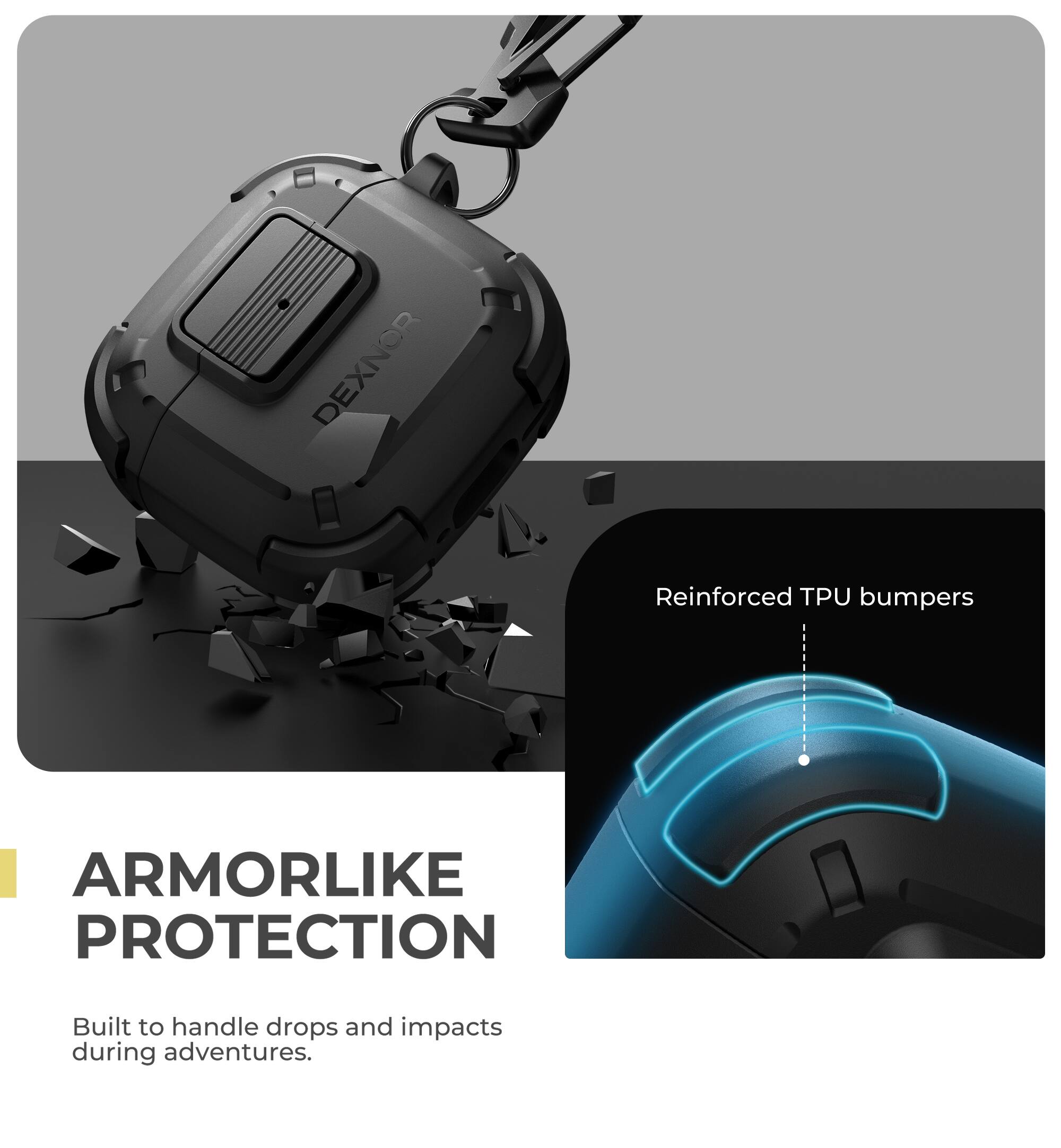 DEXNOR Reinforced TPU bumpers  
ARMORLIKE PROTECTION  
Built to handle drops and impacts during adventures.