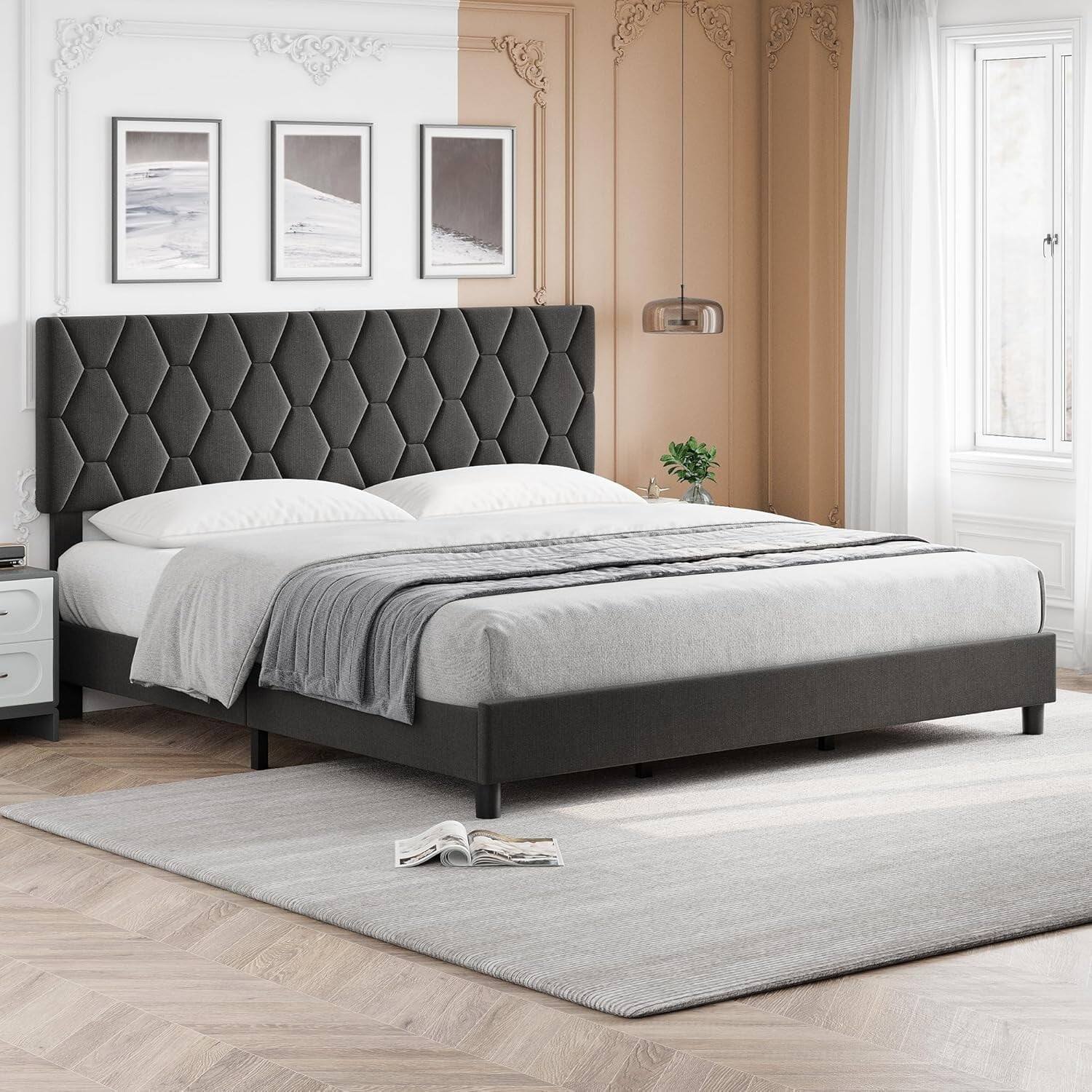 Front. Qeetex - King Platform Bed Frame, Upholstered Headboard, Fabric, Grey - Grey.