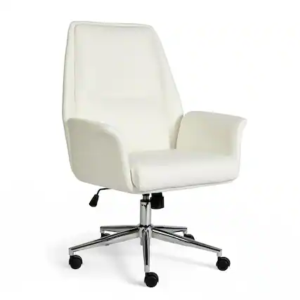 Front. Martha Stewart - Maxine Upholstered Swivel Home Office Chair with Flared Arms - White Faux Leather/Polished Nickel Frame.