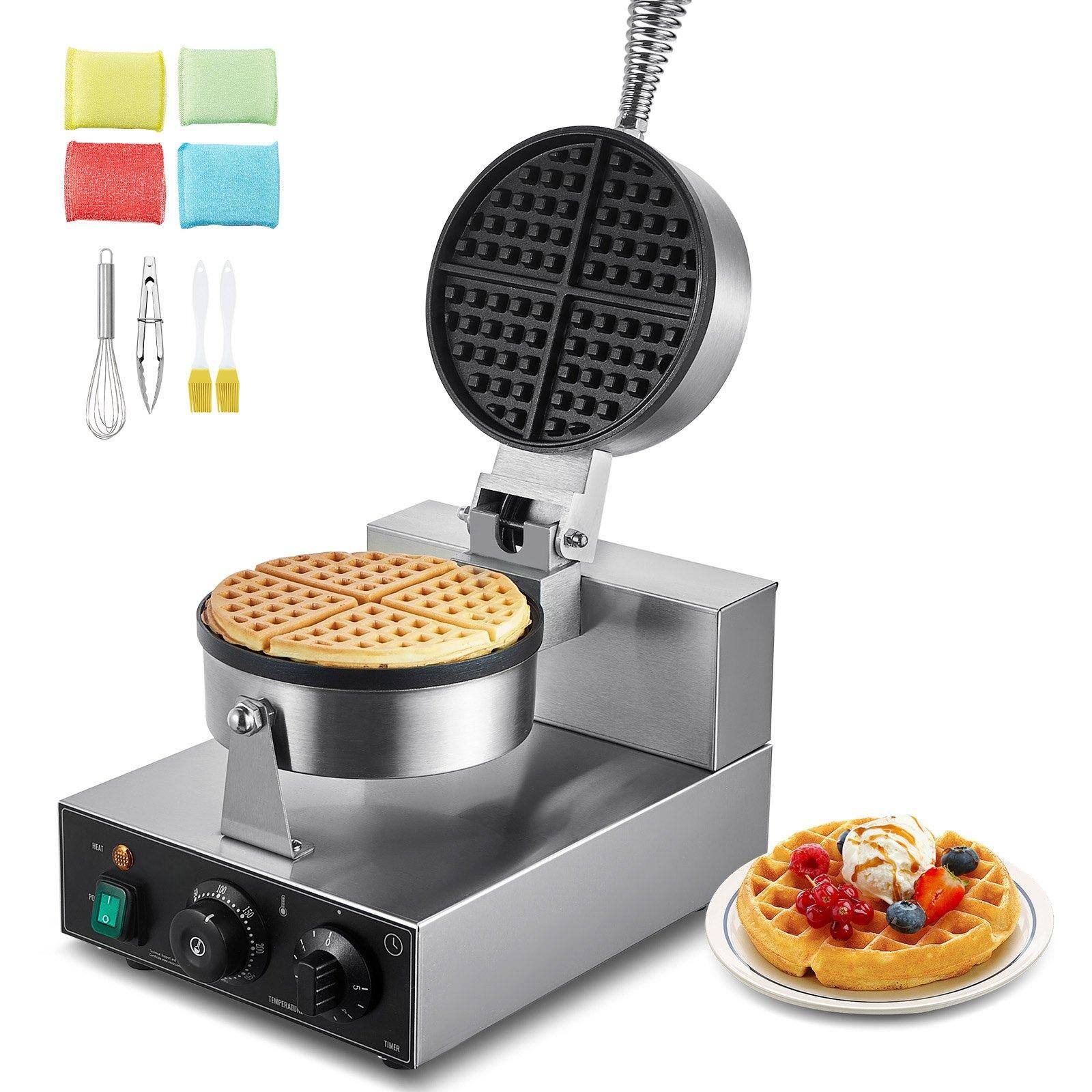 Front. Glintex - Commercial Waffle Maker, 1230W Round Belgian Waffle Iron, Nonstick Stainless Steel, Temp & Timer Control - Silver.