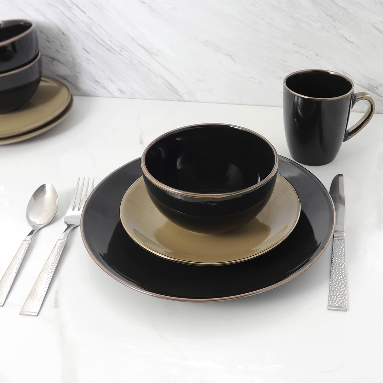 Alt View 4. Elama - Elama Cambridge Grand 16-Piece Dinnerware Set in Luxurious Black and Warm Taupe with Complete Setting for 4 - Black and Taupe.
