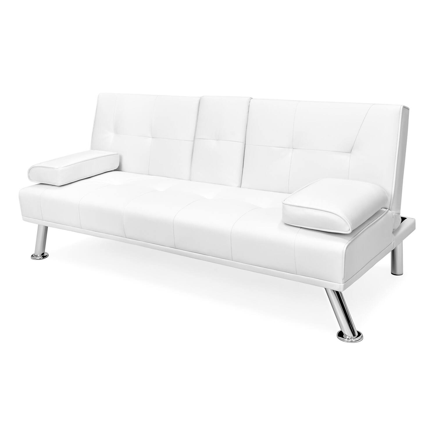 Left. Hivvago - White Faux Leather Convertible Sofa Futon with 2 Cup Holders - white.