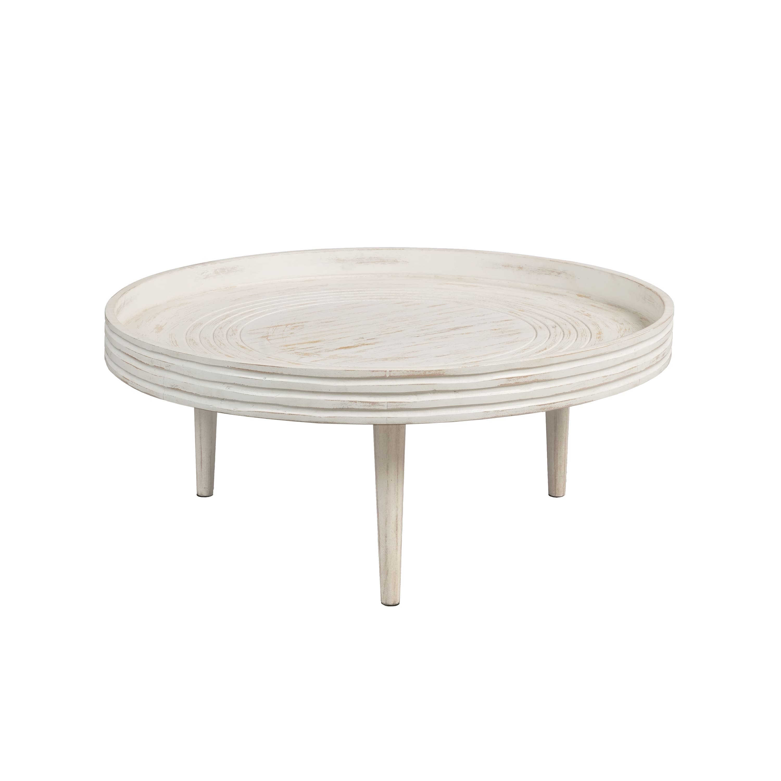 Front. Manhattan Lane - 33 Inch Coffee Table, Solid Mango Wood, Handcrafted Round Grooved Raised Edge - White.