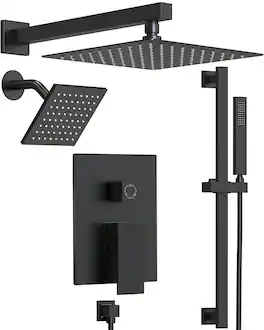 GRANDJOY - 10" Wall Mount Shower System with Handheld Spray, Slide Bar, and Pressure Balance Valve for Modern Bathroom - Matte Black