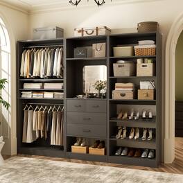 Aheaplus - Large Walk-in Closet System Set of 3, 86'' Wide Closet Storage System with Drawers, Hanging Rods and Shoe Racks - Black