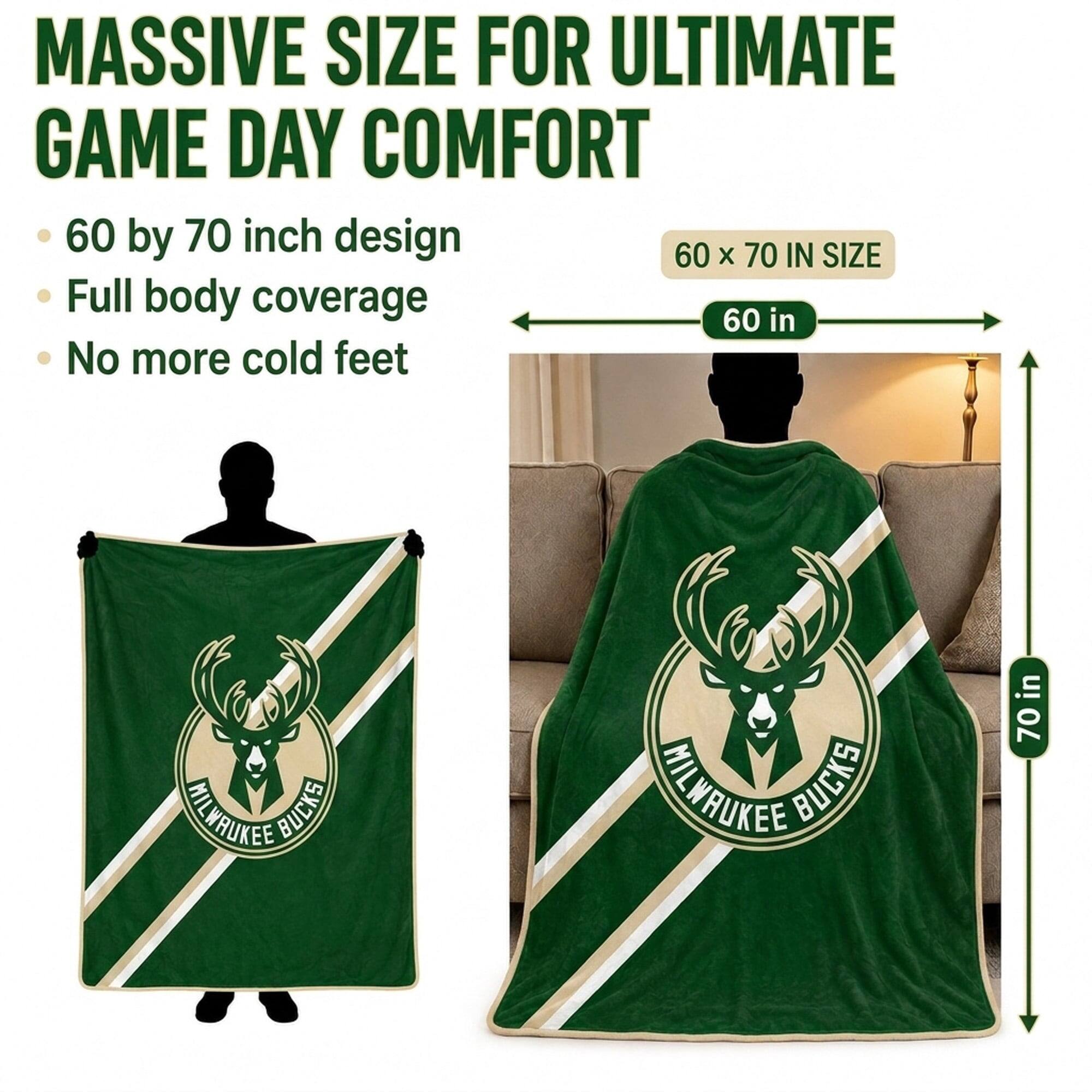 MASSIVE SIZE FOR ULTIMATE GAME DAY COMFORT  
60 by 70 inch design  
Full body coverage  
No more cold feet  

60 x 70 IN SIZE  
60 in  
70 in  

MILWAUKEE BUCKS