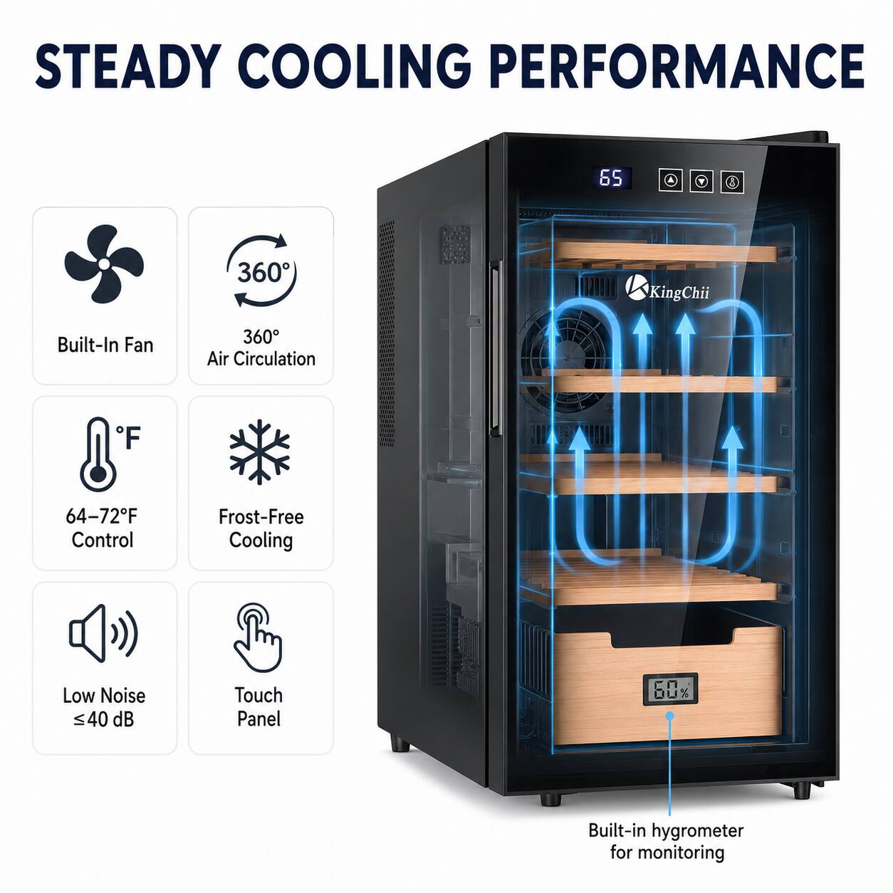 STEADY COOLING PERFORMANCE

- Built-In Fan
- 360° Air Circulation
- 64-72°F Control
- Frost-Free Cooling
- Low Noise <40 dB
- Touch Panel
- Built-in hygrometer for monitoring