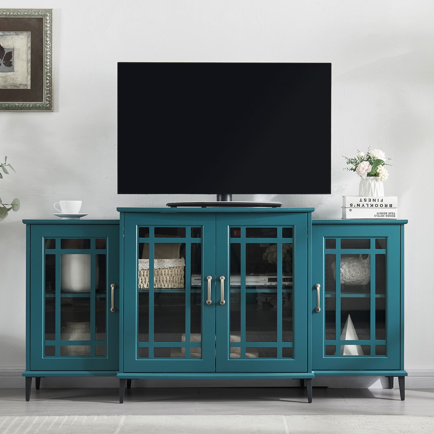 Spaco - 62" TV Stand, Buffet Sideboard Cabinet, for Living Room - Teal Blue
