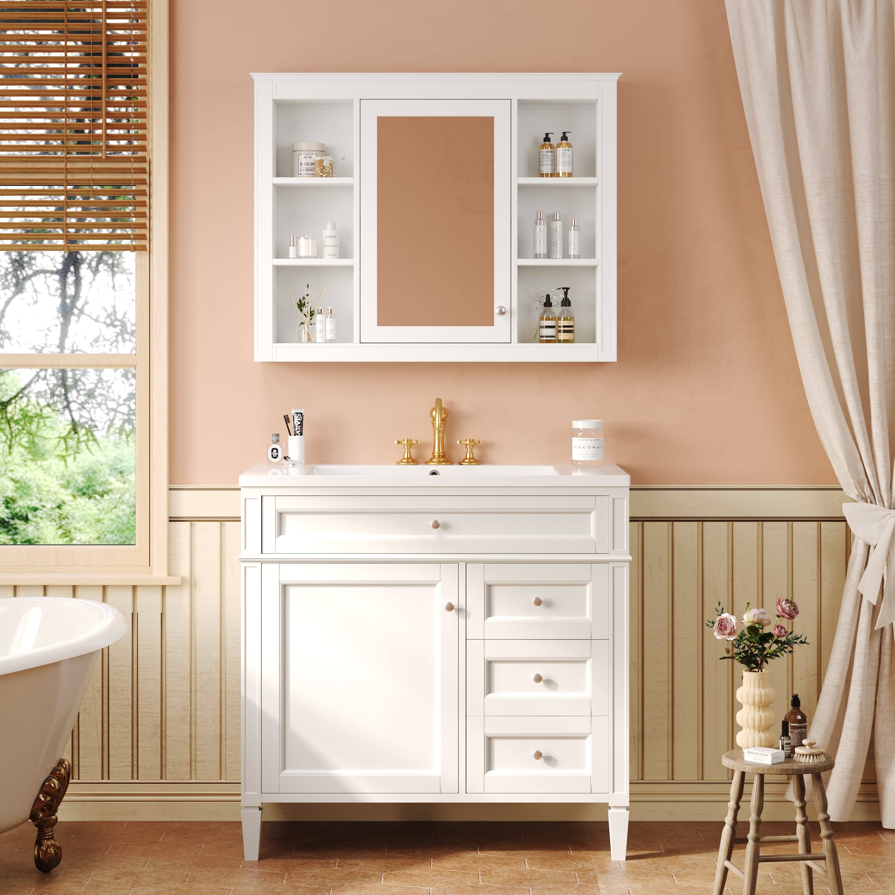 Alt View 1. Boyel Living - 36 Inch Bathroom Vanity Set with Mirror Cabinet Resin Sink 3 Drawers 2 Doors White - White.