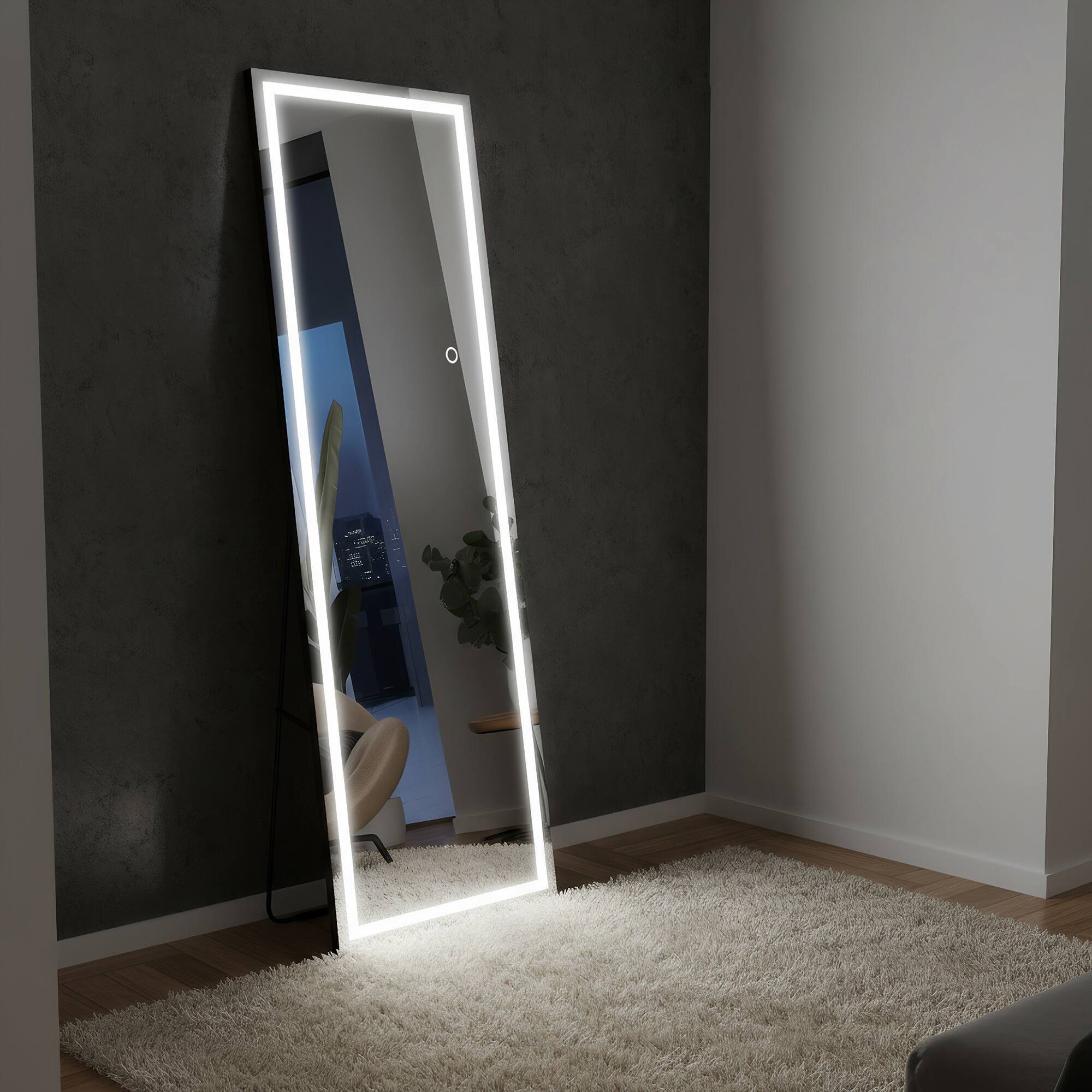 Angle. Spaco - Spaco 65 x 22 Rectangle Frameless Full-Length Tempered Mirror with Adjustable 3-Color LED Light - Black.