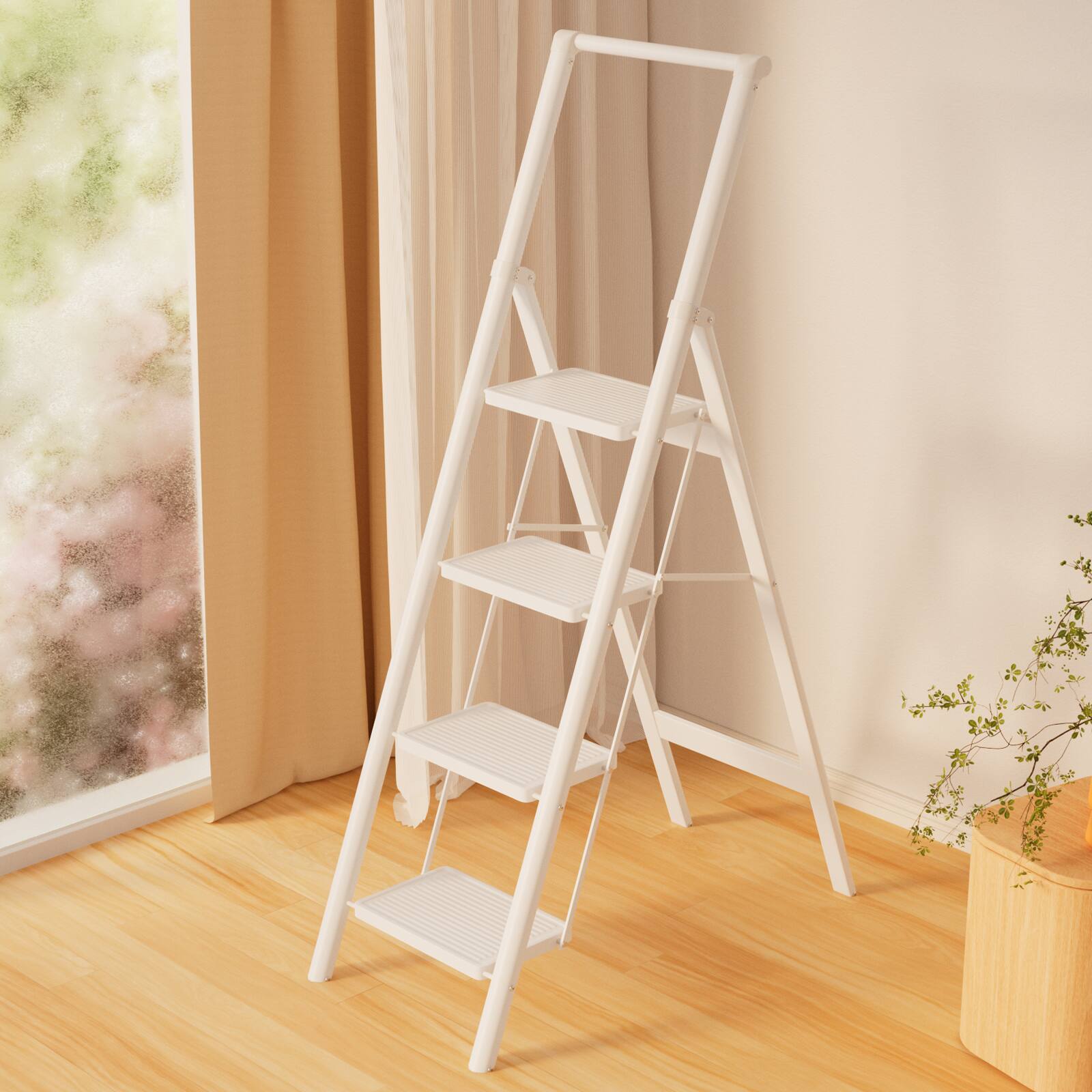 Left. Topteng - 4-Step Foldable Ladder with Anti-Slip Pedals - Lightweight, 330lb Capacity, White for Home & Office - White.