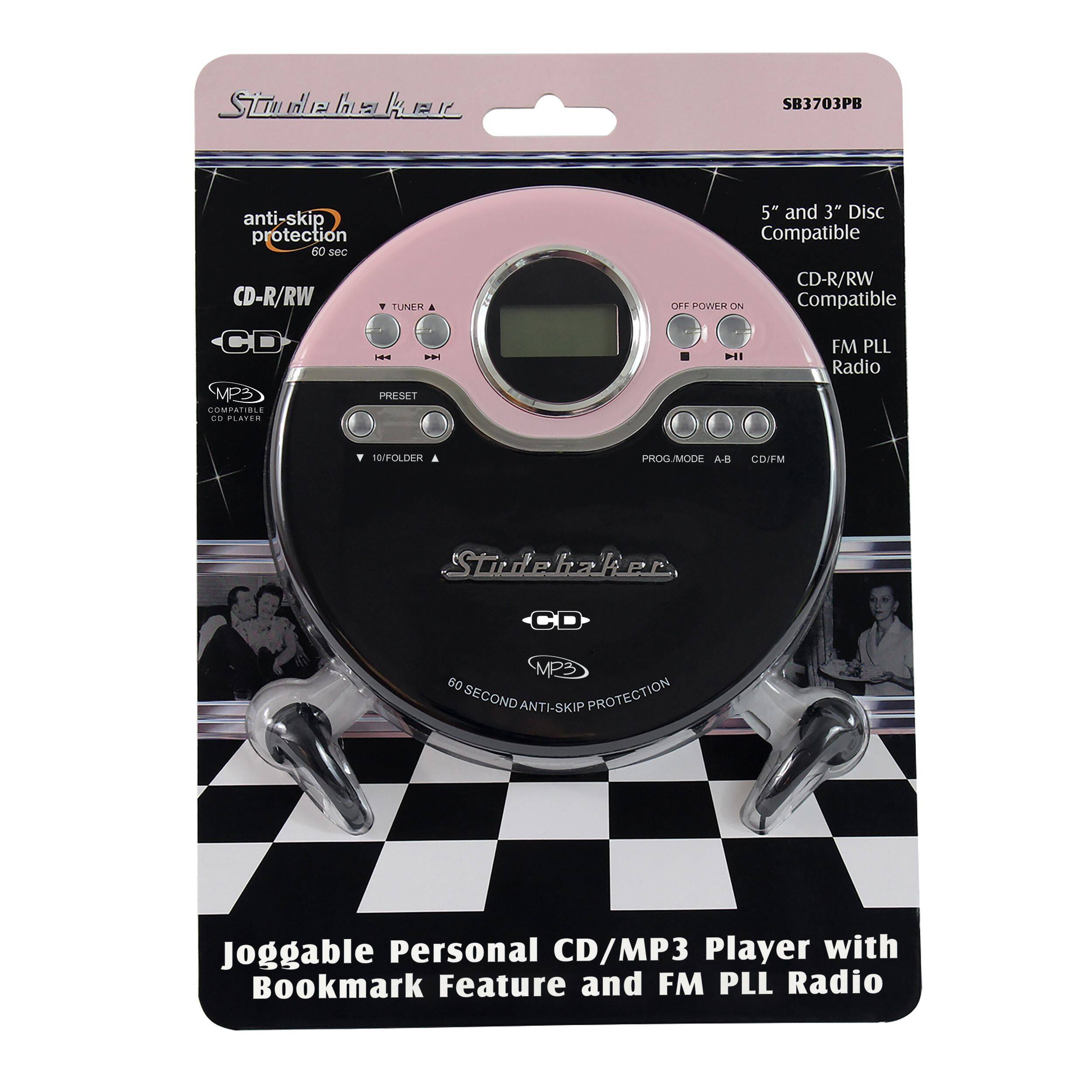 Sure, here is the corrected and grouped text from the image:

---

**Studebaker**

**SB3703PB**

- **Anti-skip protection 60 sec**
- **5" and 3" Disc Compatible**
- **CD-R/RW Compatible**
- **FM PLL Radio**
- **TUNER**
- **POWER ON/OFF**
- **MP3 CD PLAYER**
- **PRESET**
- **PROG/MODE A-B**
- **CD/FM**
- **10/FOLDER**
- **Joggable Personal CD/MP3 Player with Bookmark Feature and FM PLL Radio**
- **60 SECOND ANTI-SKIP PROTECTION**

---

This text is organized to reflect the features and specifications of the product as shown in the image.