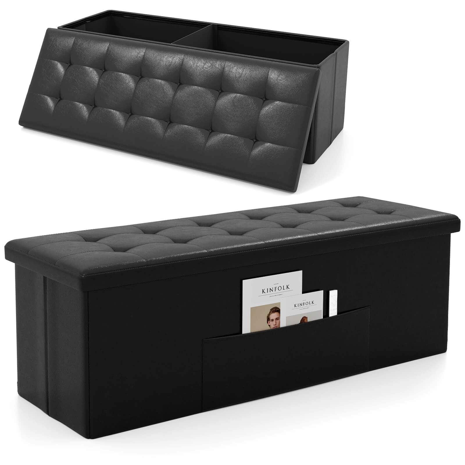 Costway - 43 Inches Folding Storage Ottoman Bench with Side Pocket Storage Chest - Black