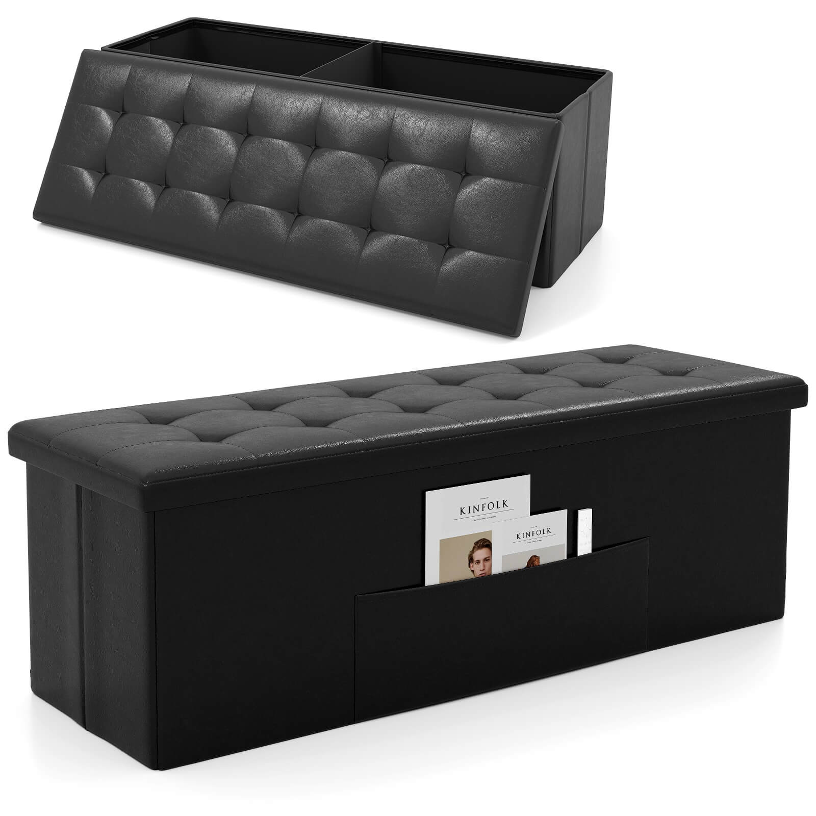 Costway - 43 Inches Folding Storage Ottoman Bench with Side Pocket Storage Chest - Black