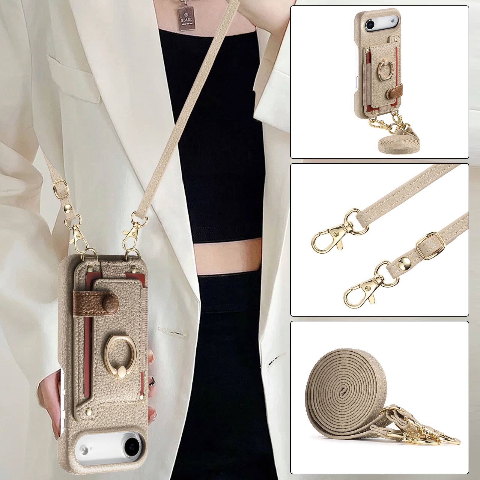 Alt View 4. Dteck - Lychee Texture Wallet Case for Apple iPhone Air 2025 with Metal Ring Stand,Crossbody Faux Leather Cover with Card Holder - Khaki.