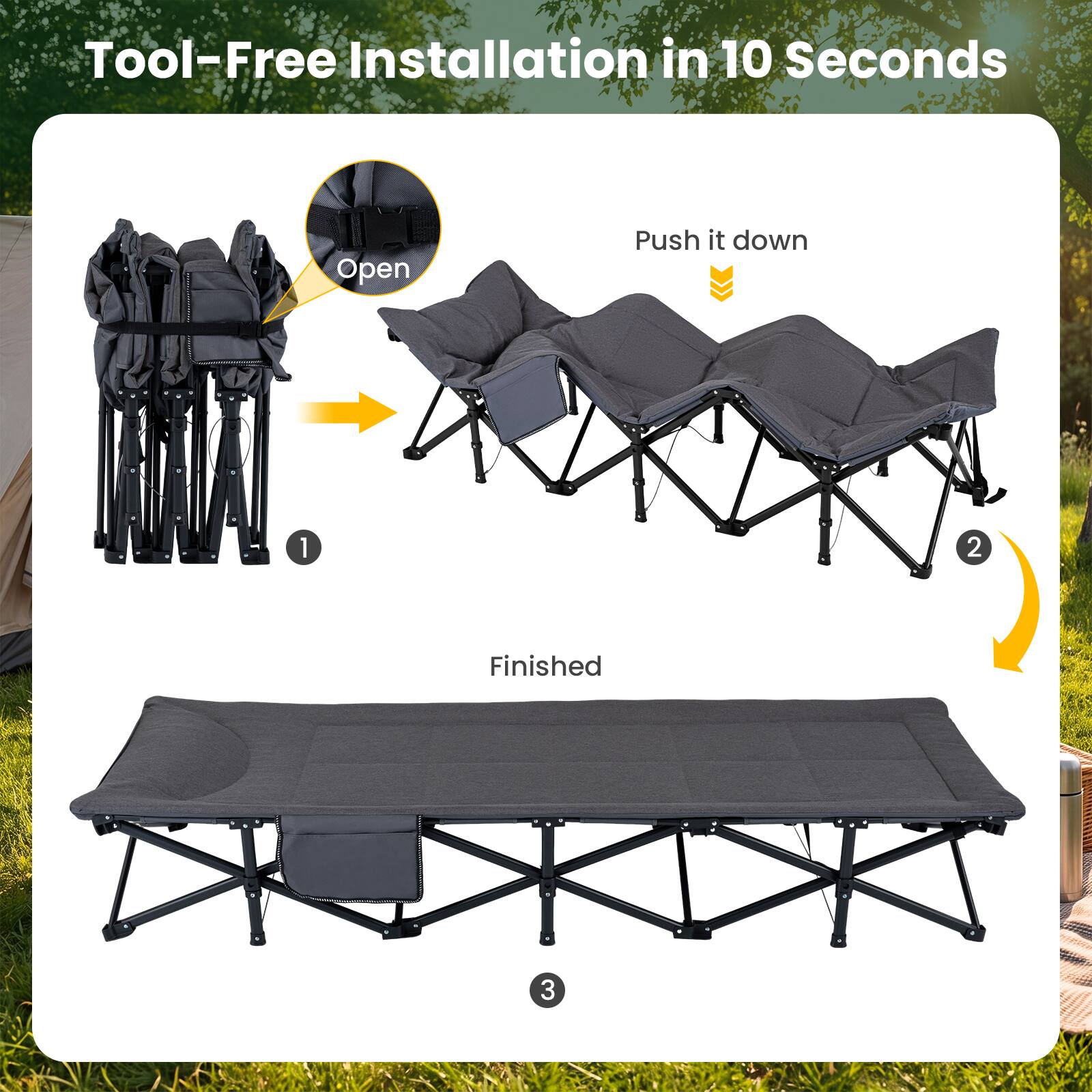 Tool-Free Installation in 10 Seconds

1. Open
2. Push it down
3. Finished