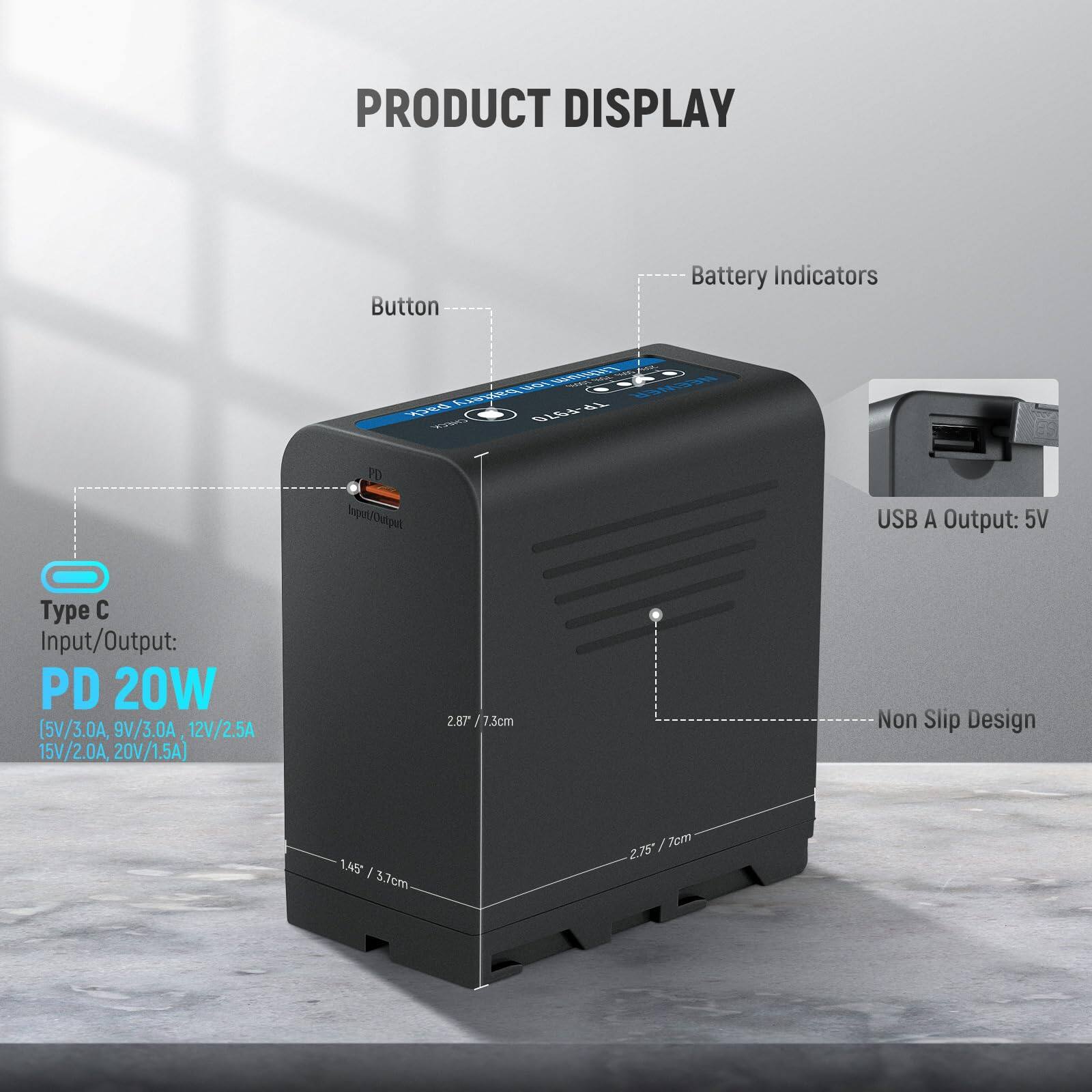 PRODUCT DISPLAY

Button Battery Indicators

USB A Output: 5V

Type C Input/Output: PD 20W (5V/3.0A, 9V/3.0A, 12V/2.5A, 15V/2.0A, 20V/1.5A)

Non Slip Design

Dimensions:
- 2.87" / 7.3cm
- 1.45" / 3.7cm
- 2.75" / 7cm