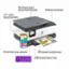 The image features a HP printer with a 35-sheet auto document feeder and a flatbed scanner. It has a 2.7" color touchscreen and is capable of printing from any device. The printer has a 60-sheet output tray and a 225-sheet input tray. Additionally, it offers 6 months of HP+ for free during the ink setup.