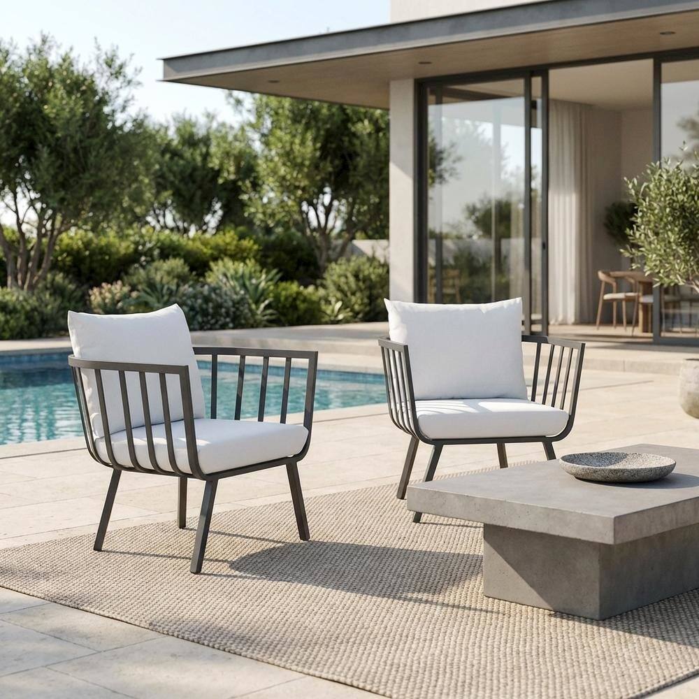 Left. Outdoor Escape - Aluminum Armchair Set of 2 for Outdoor Patio Lounge with Cushions - Gray.