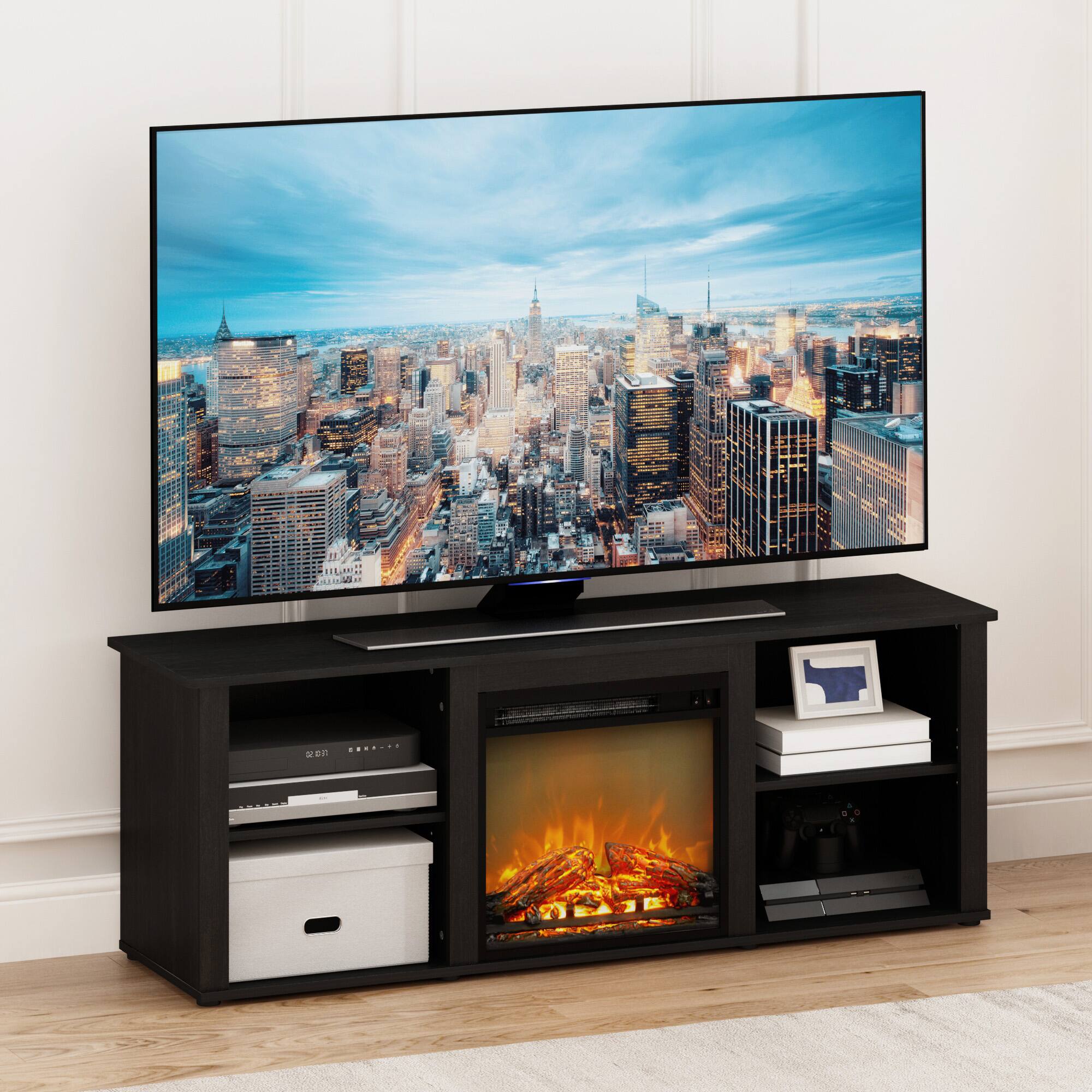 The text on the image is not clear enough to be accurately grouped or corrected. However, based on the context, it appears to be a promotional image for a TV stand with a built-in electric fireplace. The text might be related to the product description or brand information, but it is not legible in the image provided.