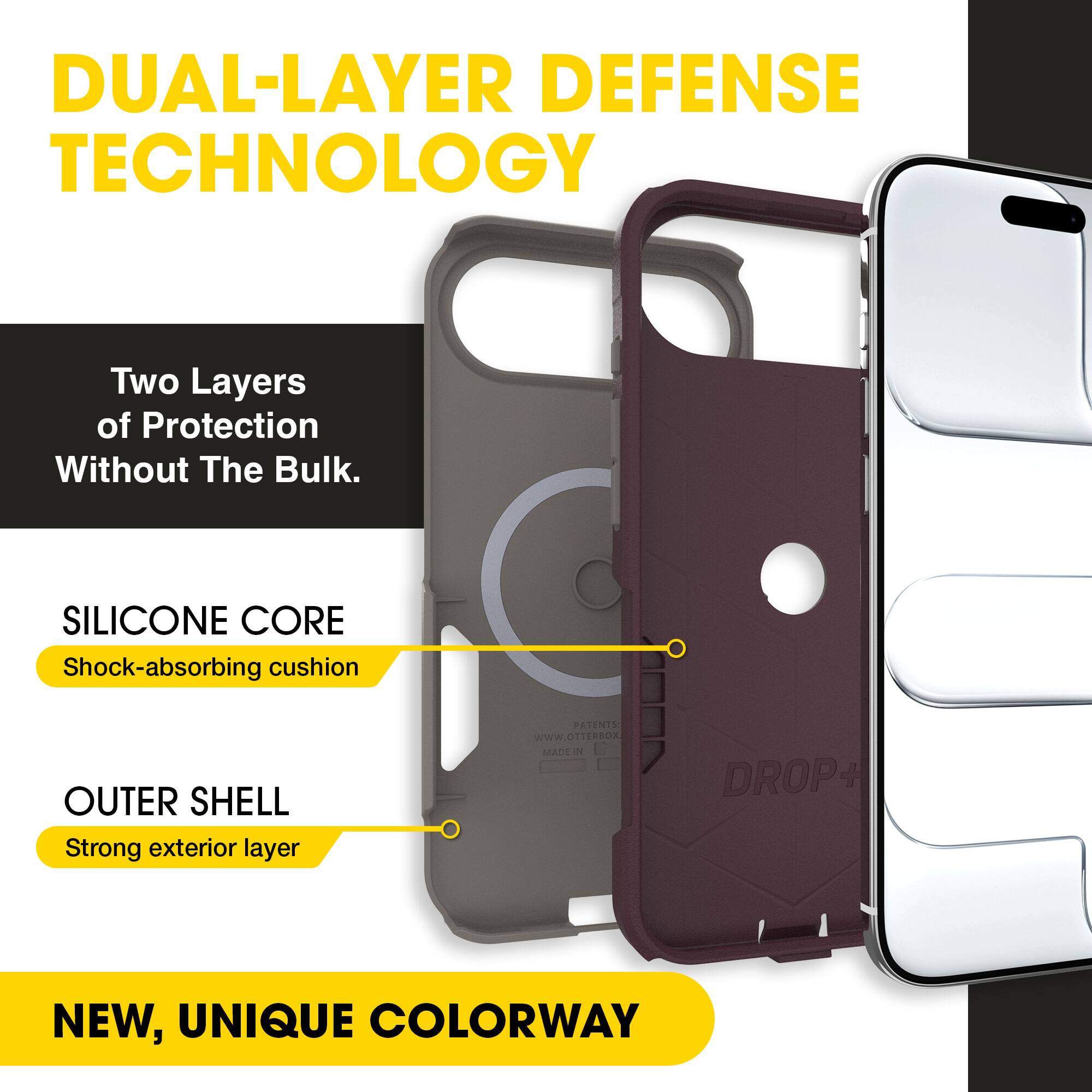 DUAL-LAYER DEFENSE TECHNOLOGY  
Two Layers of Protection Without The Bulk.  

SILICONE CORE  
Shock-absorbing cushion  

OUTER SHELL  
Strong exterior layer  

NEW, UNIQUE COLORWAY  

PATENTS  
WWW.OTTERBOX.COM  
MADE IN USA