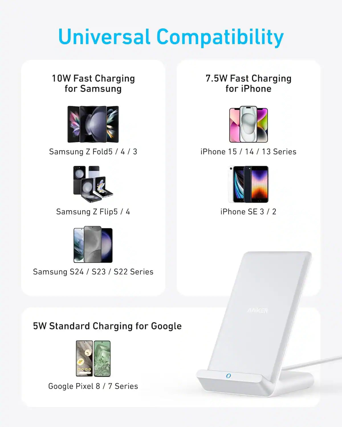 Universal Compatibility

10W Fast Charging for Samsung  
- Samsung Z Fold5 / 4 / 3  
- Samsung Z Flip5 / 4  
- Samsung S24 / S23 / S22 Series  

7.5W Fast Charging for iPhone  
- iPhone 15 / 14 / 13 Series  
- iPhone SE 3 / 2  

5W Standard Charging for Google  
- Google Pixel 8 / 7 Series