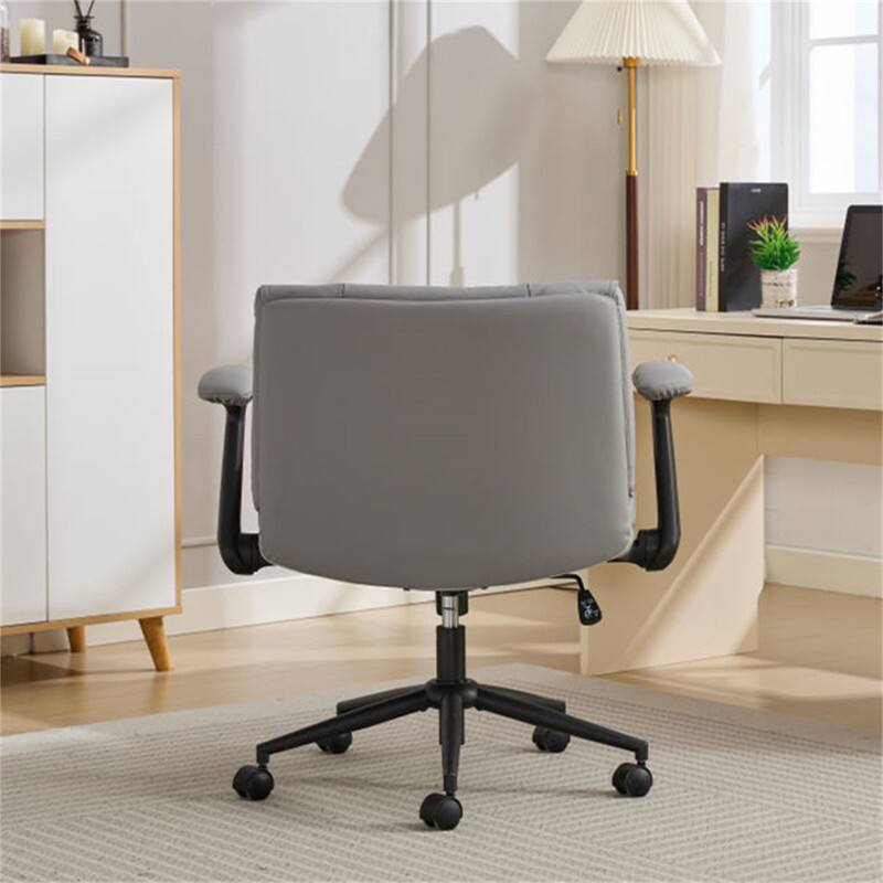 Angle. HTUTWOO - Cross Legged Office Chair with Flip-Up Armrests - PU Leather Swivel Desk Chair, Wide Seat, Adjustable Height, Wheels - Grey White.
