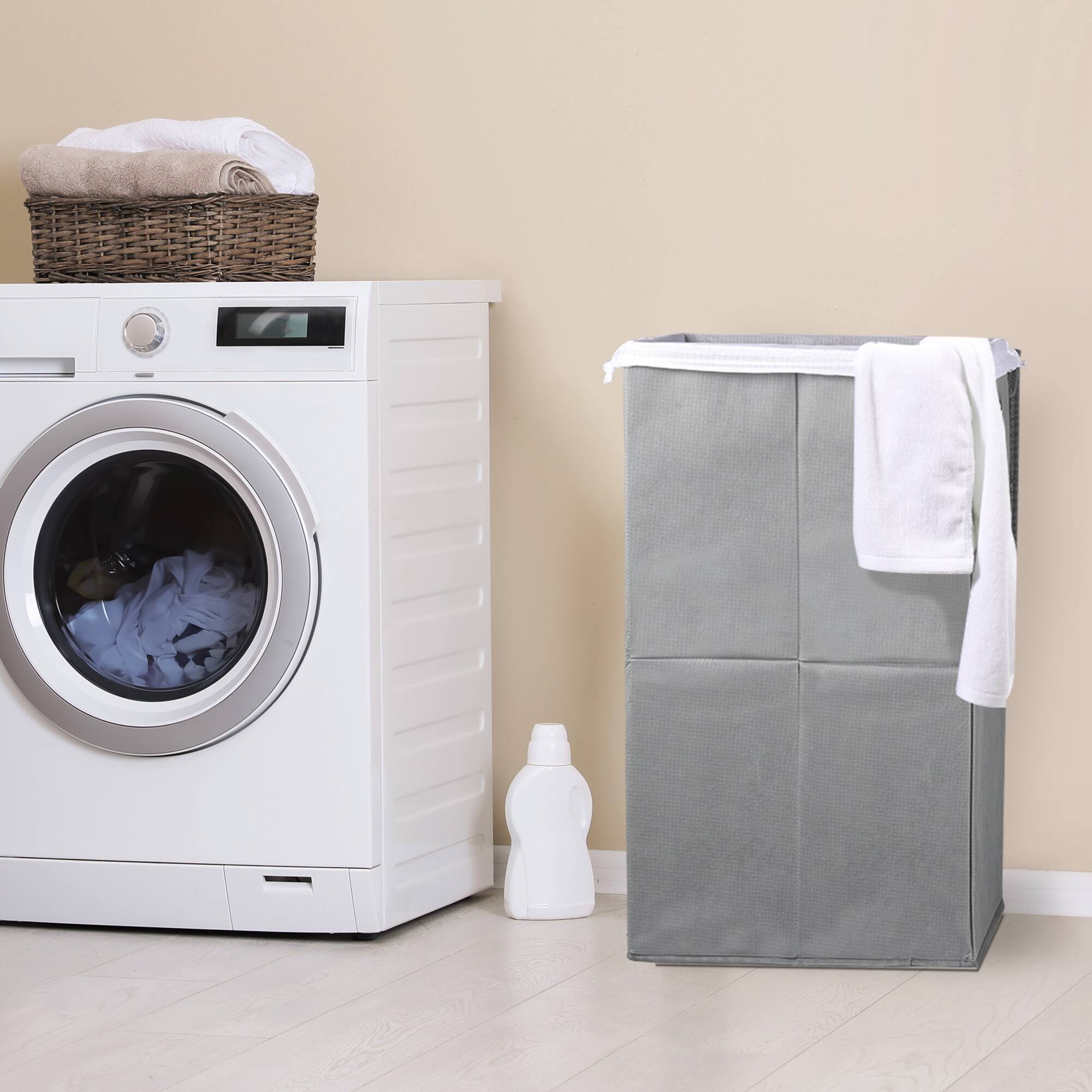 Alt View 1. Oumilen - Light Gray Foldable Laundry Hamper with Lid – Large Collapsible Fabric Clothes Basket for Bathroom - Light Gray.