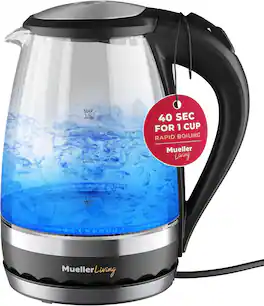 MuellerLiving - Glass Kettle 1.5L 1500W LED Light Electric Tea Kettle Automatic Shut-Off with SpeedBoil Tech and Boil-Dry Protection - Clear