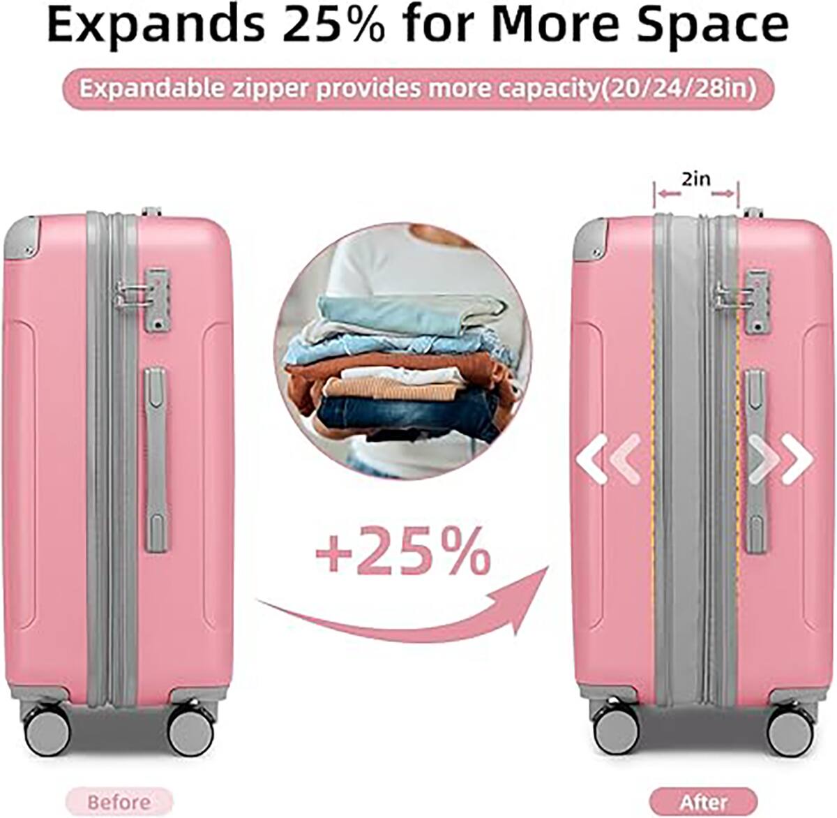 Expands 25% for More Space  
Expandable zipper provides more capacity (20/24/28in)  
2in +25%  

Before  
After