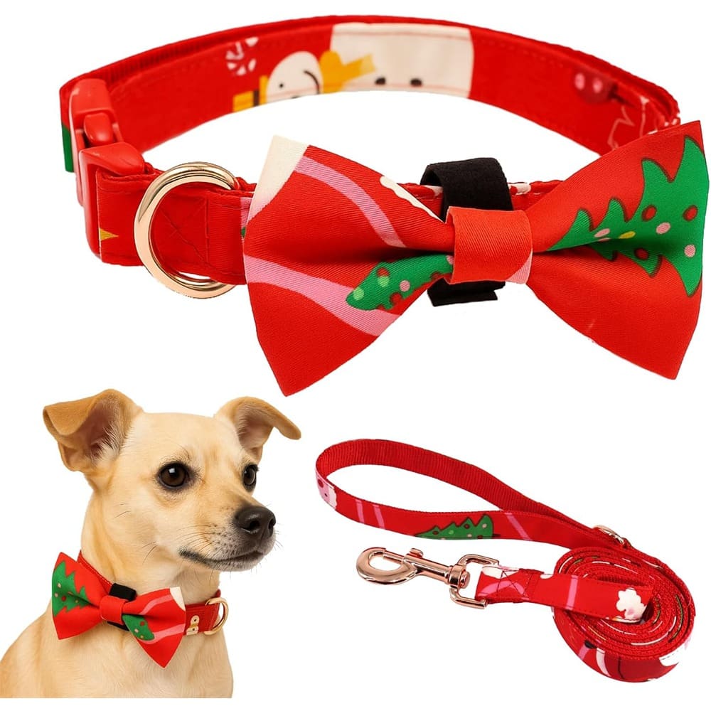 MOSZAR LLC - Christmas Dog Collar & Leash Set, Adjustable Nylon, Quick Release Buckle, Xmas Pattern, Size M for Small/Medium/Large Do - Red