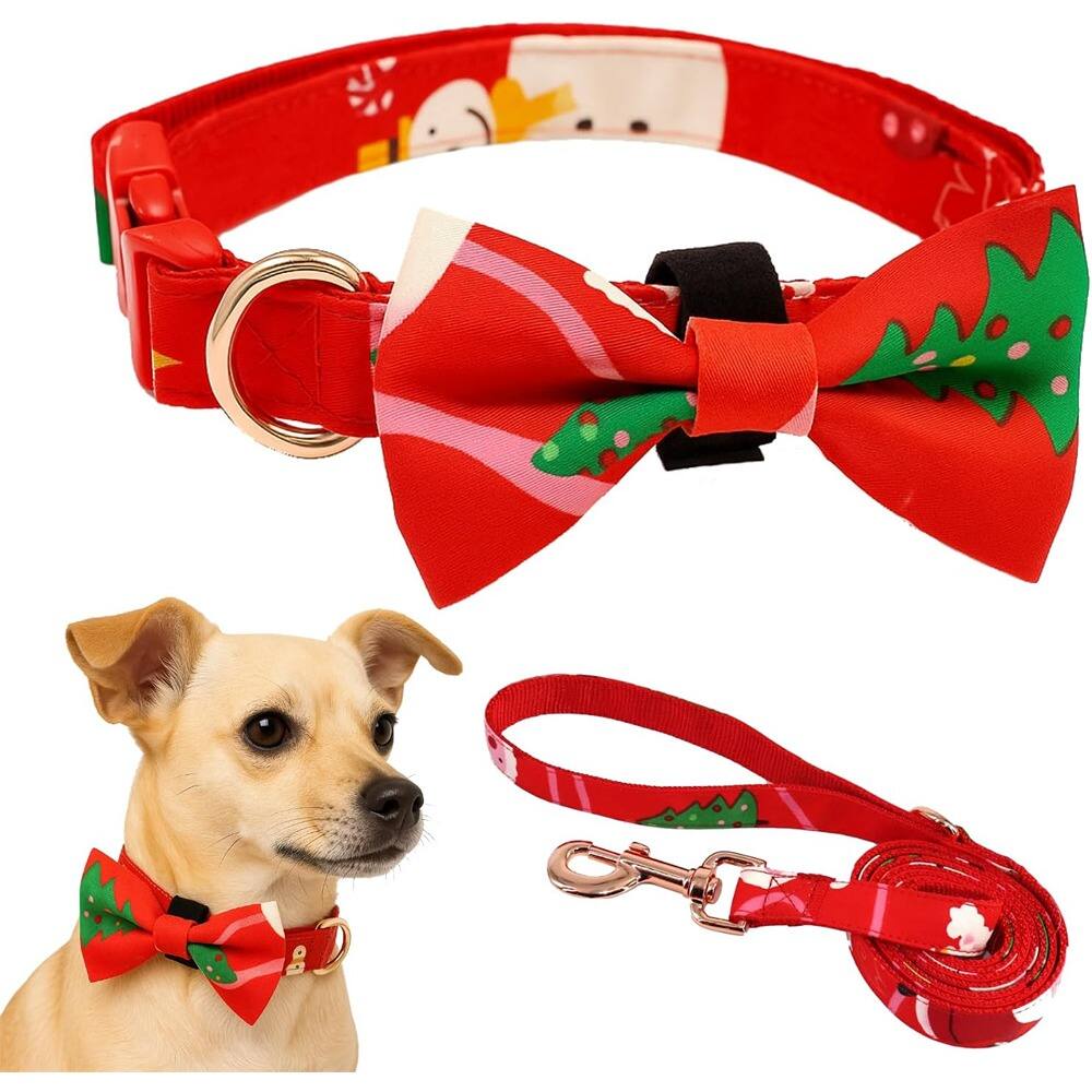 Front. MOSZAR LLC - Christmas Dog Collar & Leash Set, Adjustable Nylon, Quick Release Buckle, Xmas Pattern, Size M for Small/Medium/Large Do - Red.
