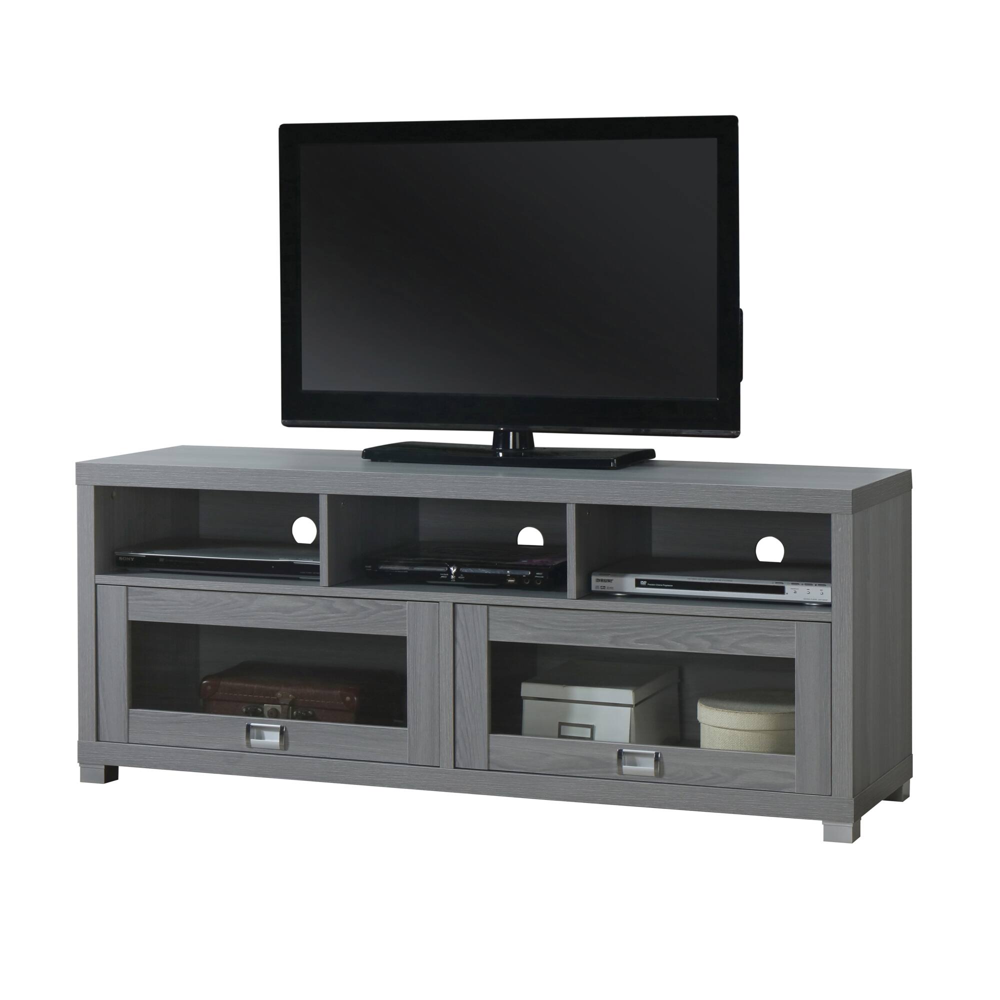 Angle. GOODSILO - Modern TV Stand for Large Screens Up to 75 Inches with Storage Shelves and Glass Doors - Gray.
