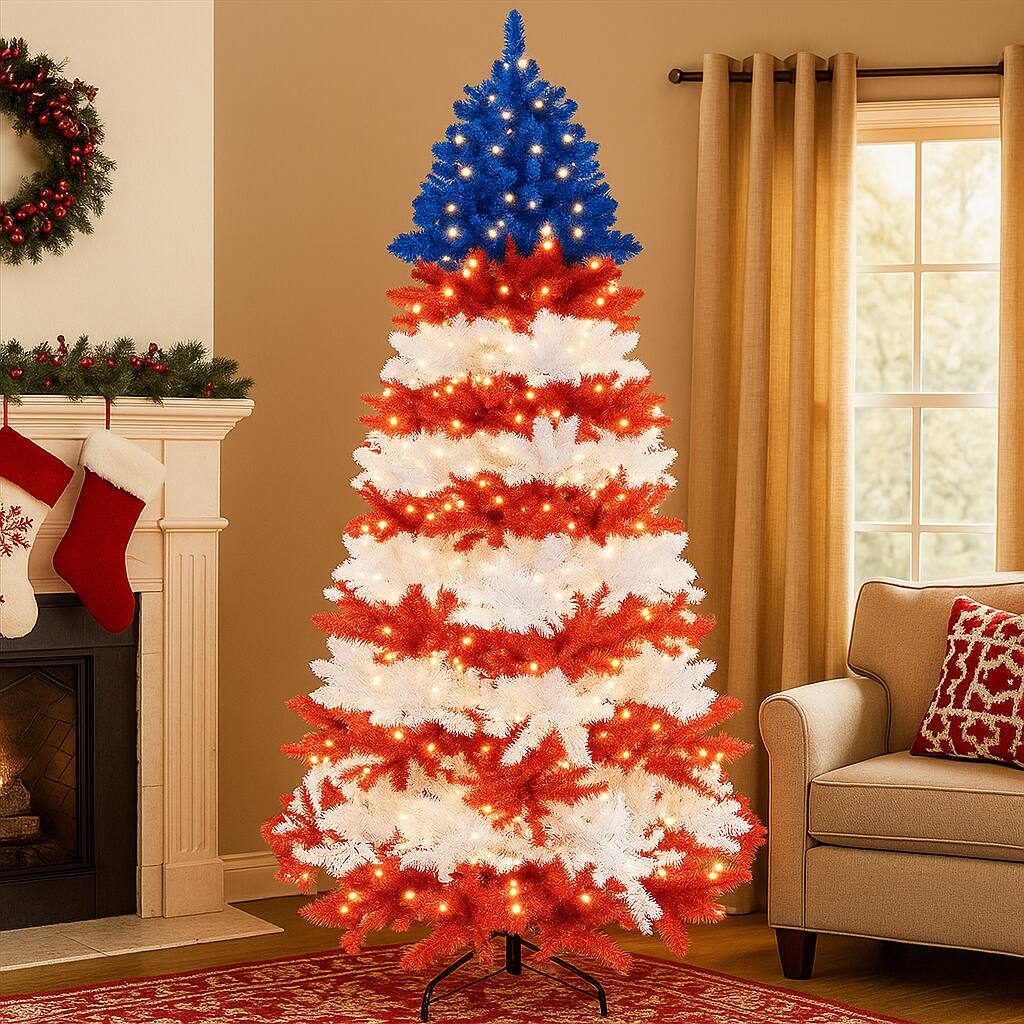 Angle. BreeBe - 7.5FT LED Lighted Christmas Tree – Artificial with Soft White Lights - Multicolor.