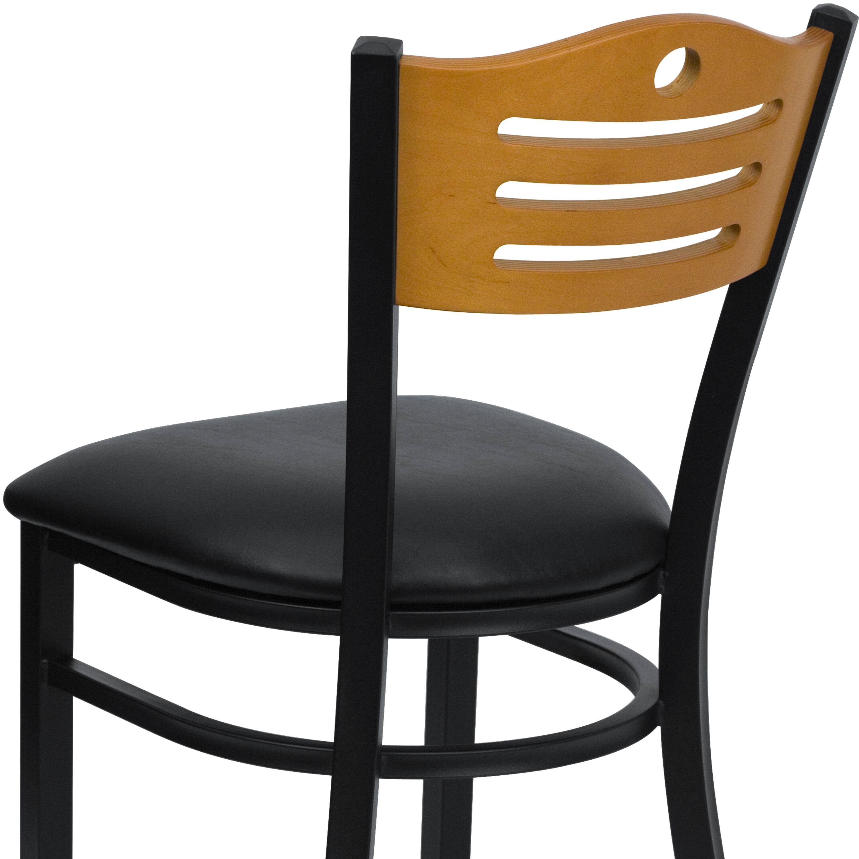 Alt View 9. Emma + Oliver - Slat Back Metal Restaurant Dining Chair - Natural Wood Back/Black Vinyl Seat/Black Metal.