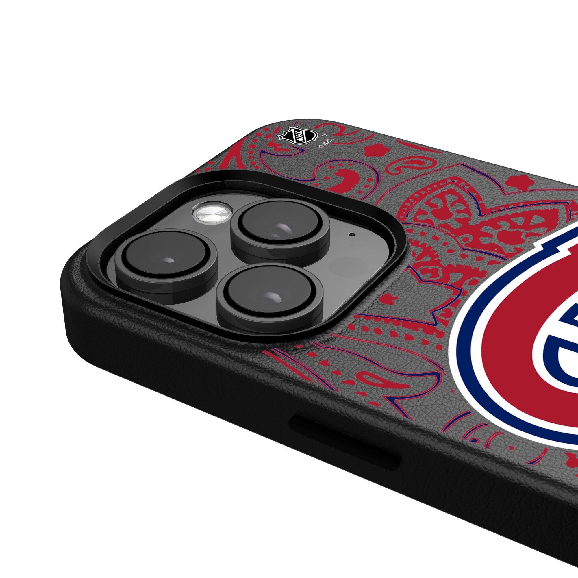 Alt View 3. Keyscaper - Black Montreal Canadiens Paisley iPhone Magnetic Bump Case - 14 Pro Max - Black.
