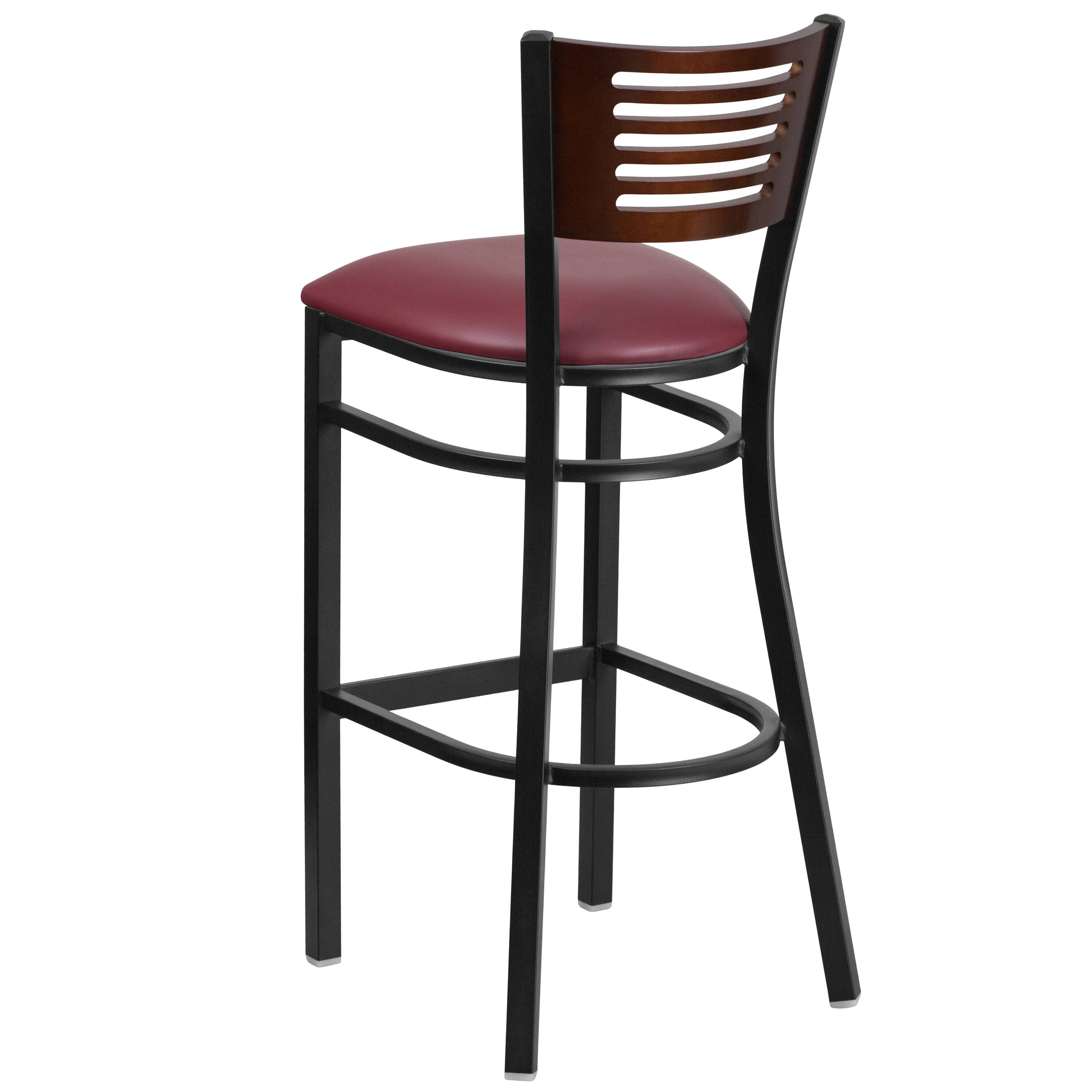 Alt View 3. Emma + Oliver - Decorative Slat Back Metal Restaurant Dining Barstool - Walnut Wood Back/Burgundy Vinyl Seat/Black Metal.