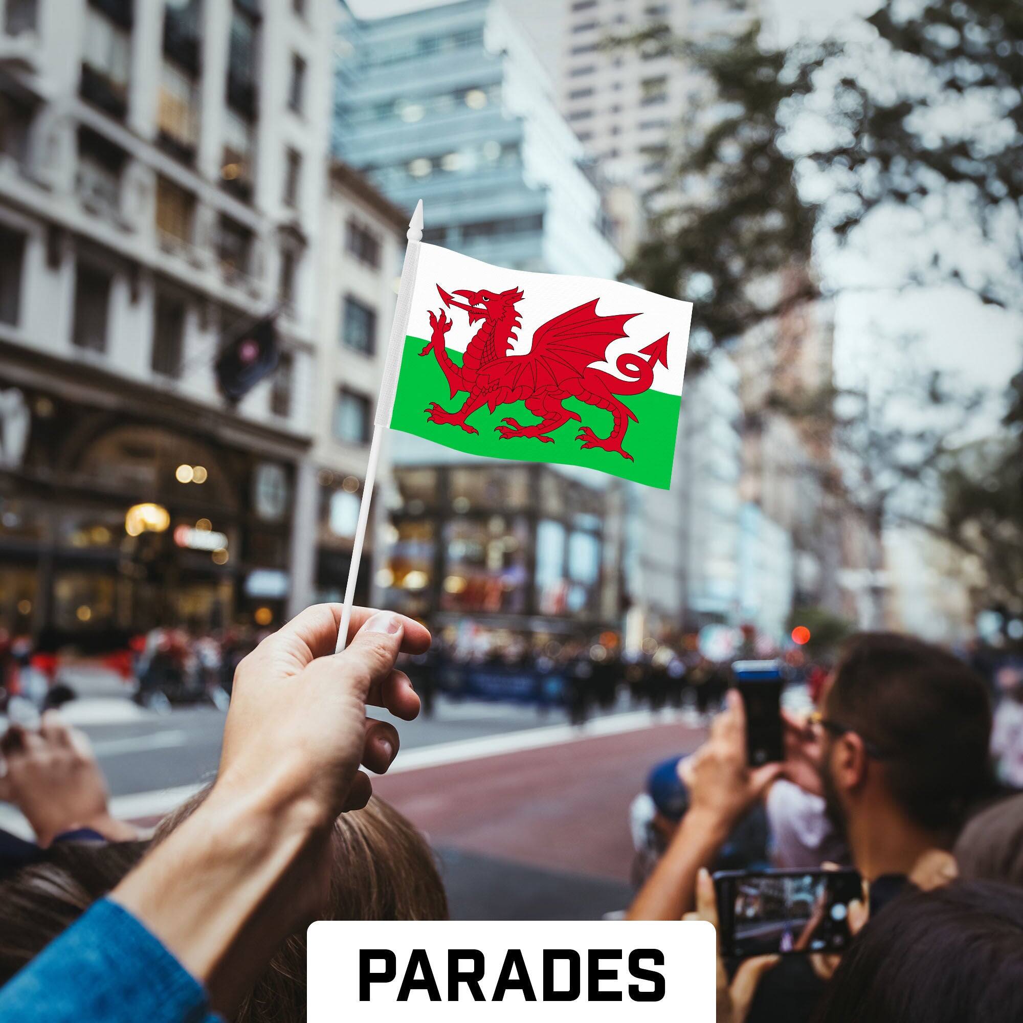 Back. G128 - 30-Pack Wales Handheld Stick Flags — 4 x 6 in, 150D Polyester, Plastic Pole. - Assorted Colors.