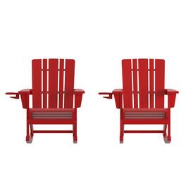 Emma + Oliver - Haley Set of 2 Adirondack Rocking Chairs with Cup Holders, Weather Resistant HDPE Adirondack Rocking Chairs - Red